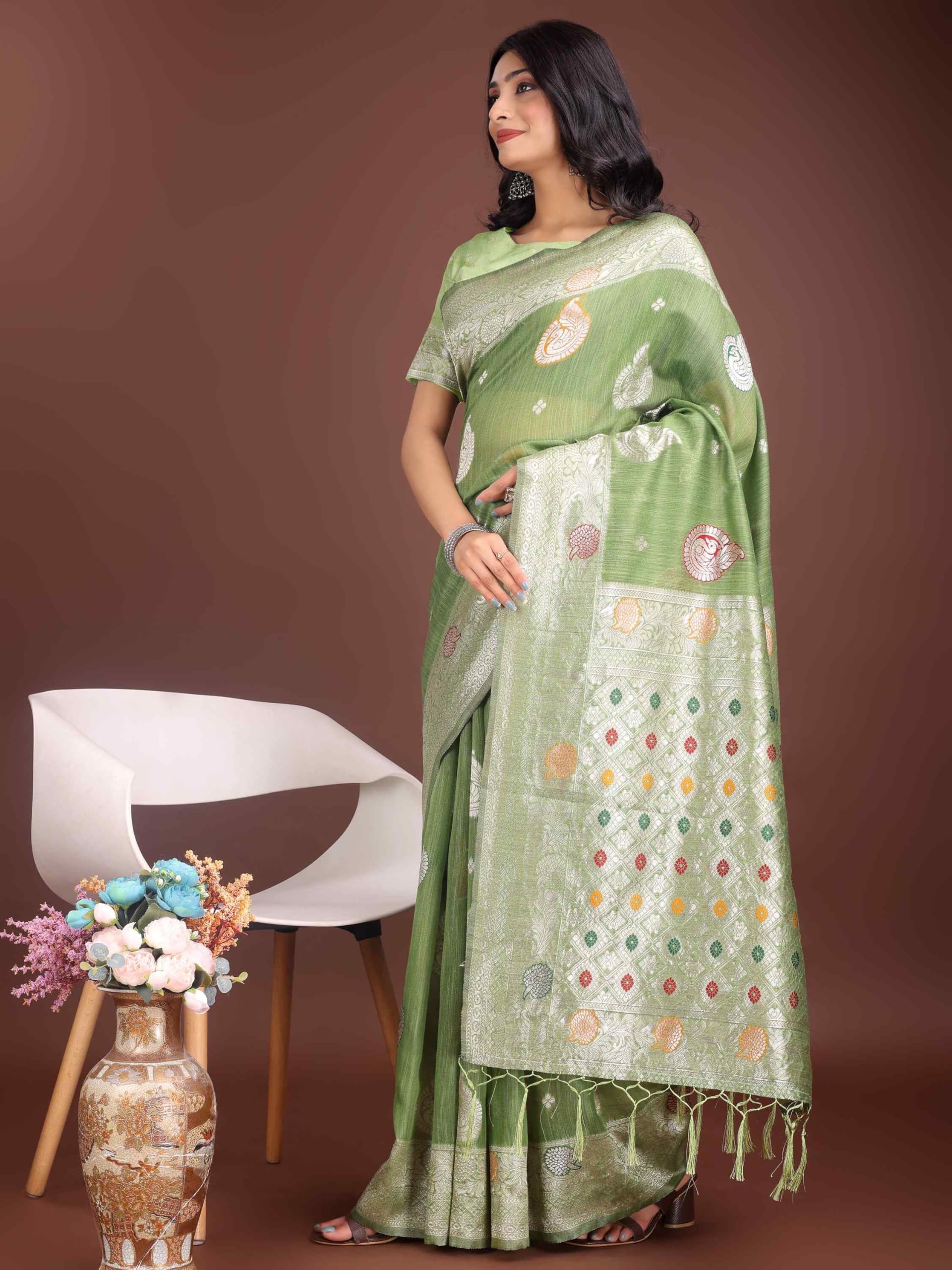 Shiv Textiles Women's Linen Cotton Paisley & Tassel Saree(AUS-ASBUL1004-LIGHT GREEN) 2
