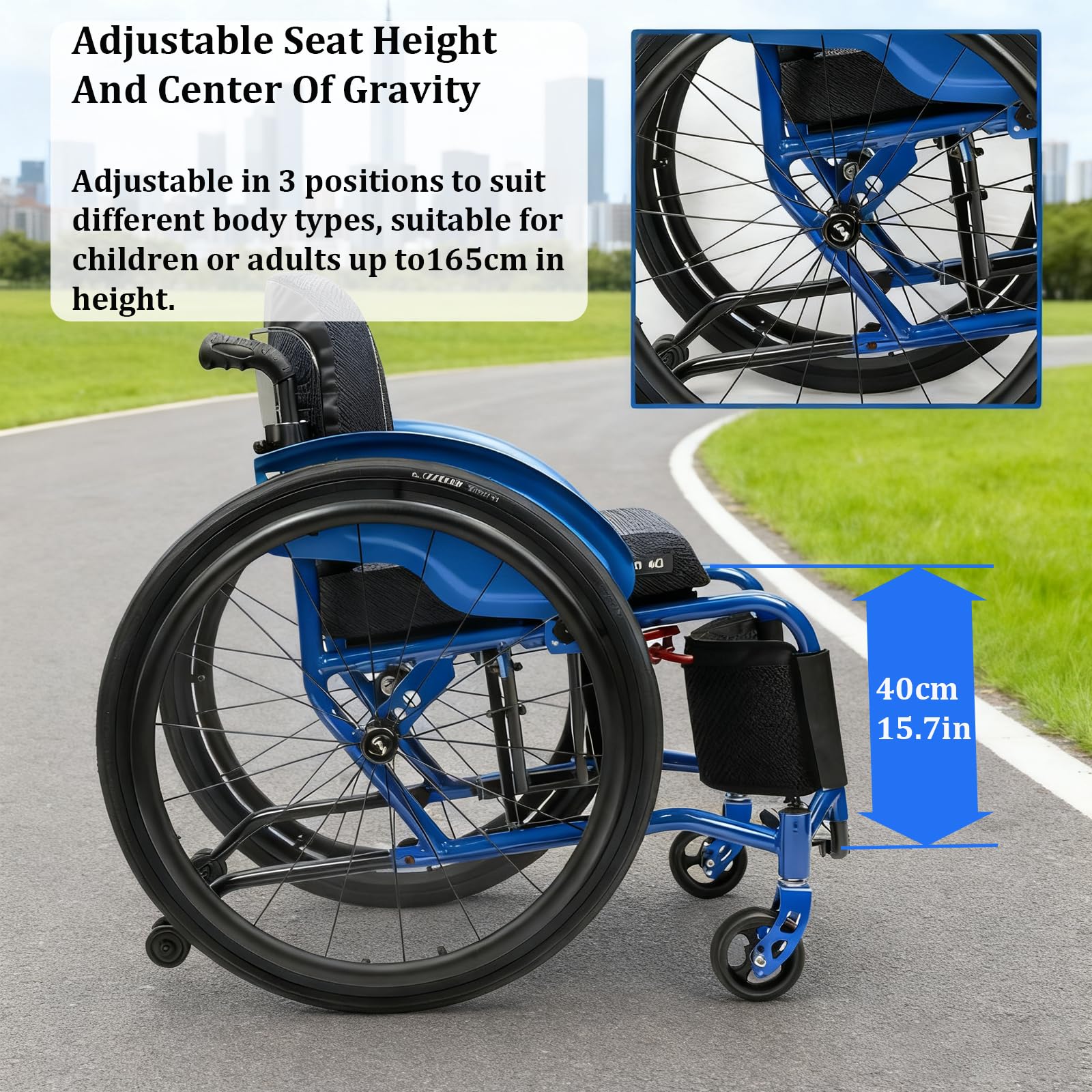 Sedia A Rotelle Reclinabile Pieghevole, Alluminio, Cintura di Sicurezza, Sgancio rapido, Freno Manuale,Poggiapiedi Pieghevoli(42cm/16.5in Seat,Red)