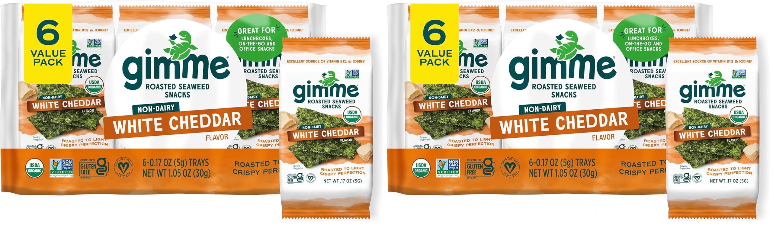 Gimme Seaweed - White Cheddar - 6 Count - Organic Roasted Seaweed Sheets - Keto, Vegan, Gluten Free - Great Source of Iodine & Omega 3’s - Healthy On-The-Go Snack for Kids Adults (Pack of 2)
