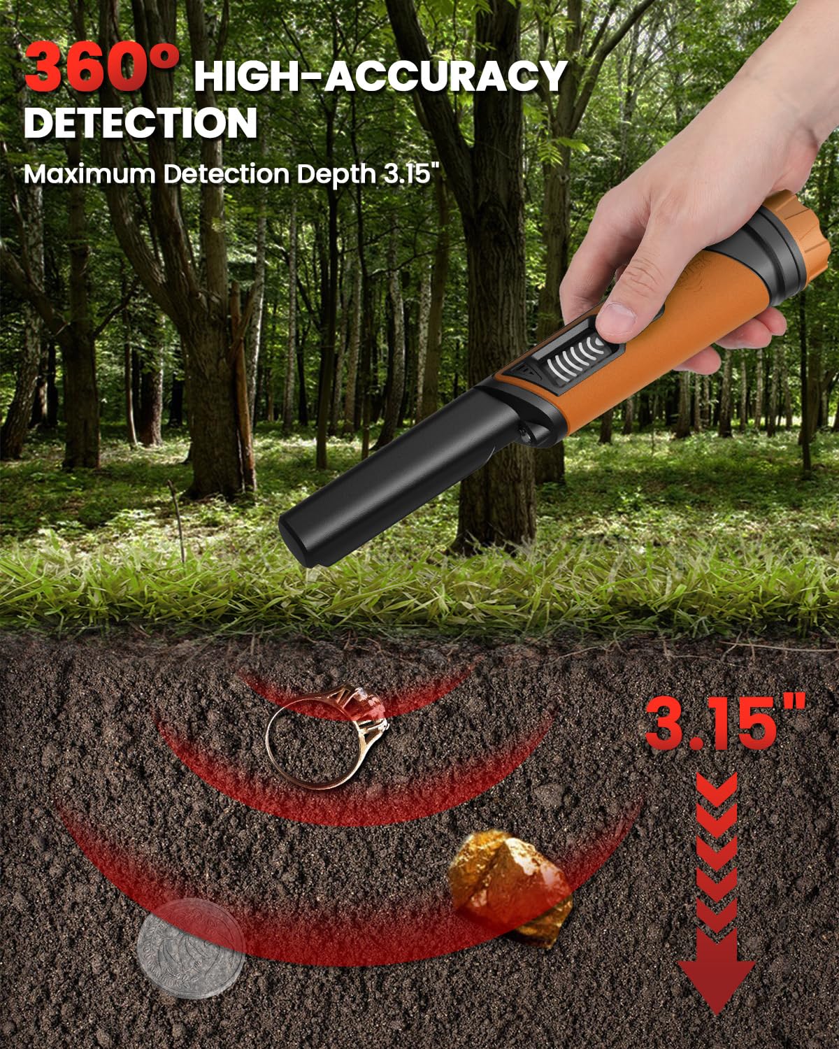 DR.ÖTEK Detector de metales Pinpointer IP68 totalmente impermeable submarino de mano puntero varita, pantalla LCD, detector de metales pequeño para adultos, alta precisión, 3 modos de alerta, para
