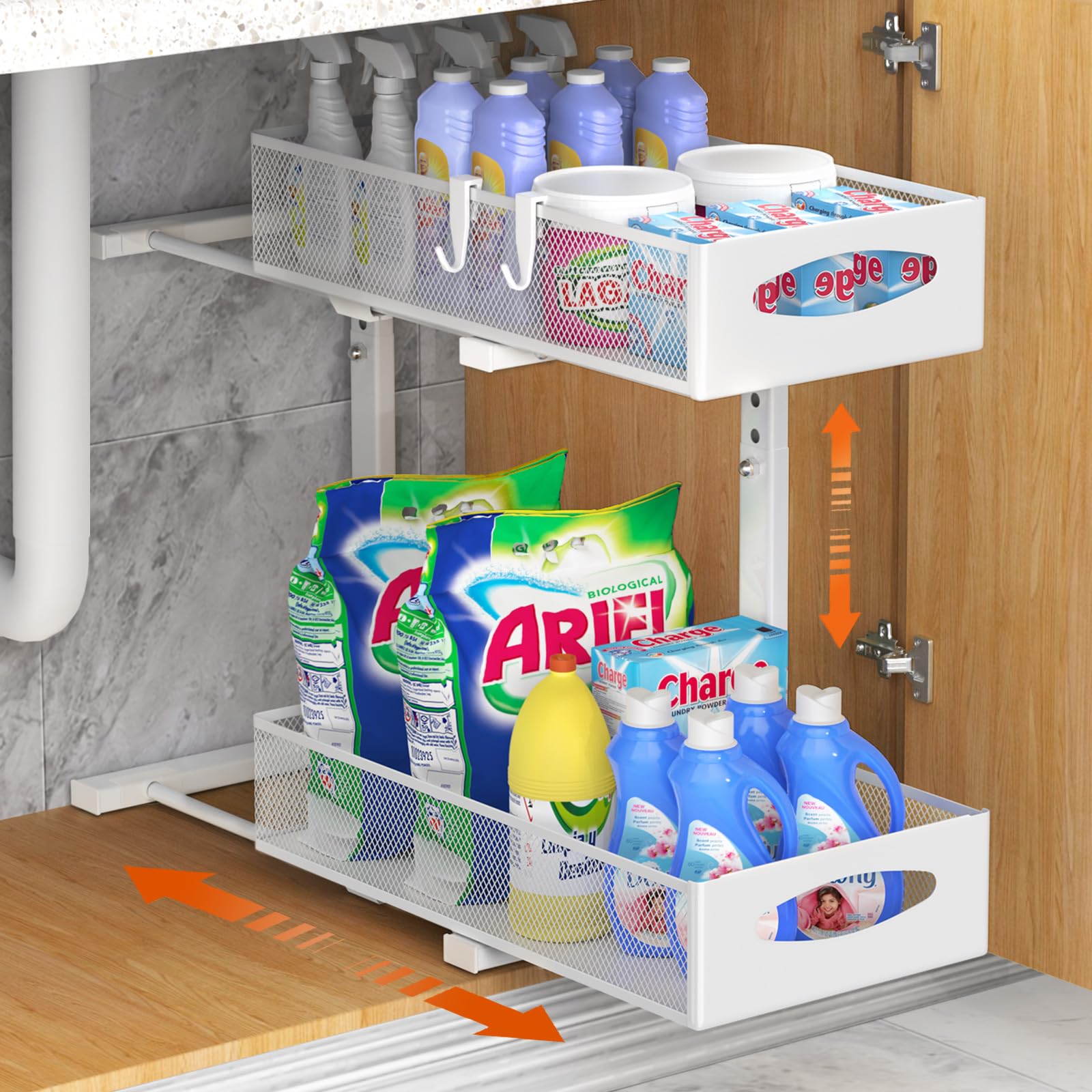 Housolution Organizador Bajo Fregadero de Metal, 2 Niveles Estanteria Bajo Fregadero Extraible con Altura Ajustable, Estante de Almacenamiento Bajo Fregadero para Armario de Cocina, Blanco