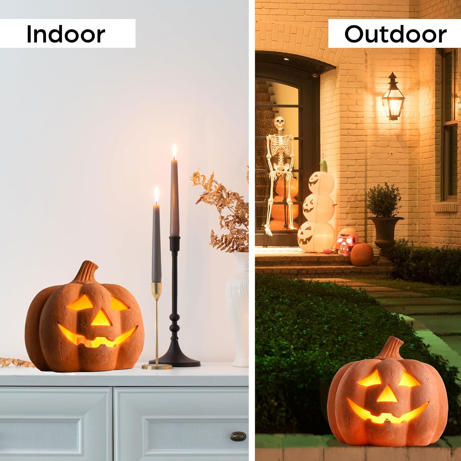 Halloween Lighted Terracotta Jack O Lantern Pumpkin 9.8 Inch Decor (Medium)