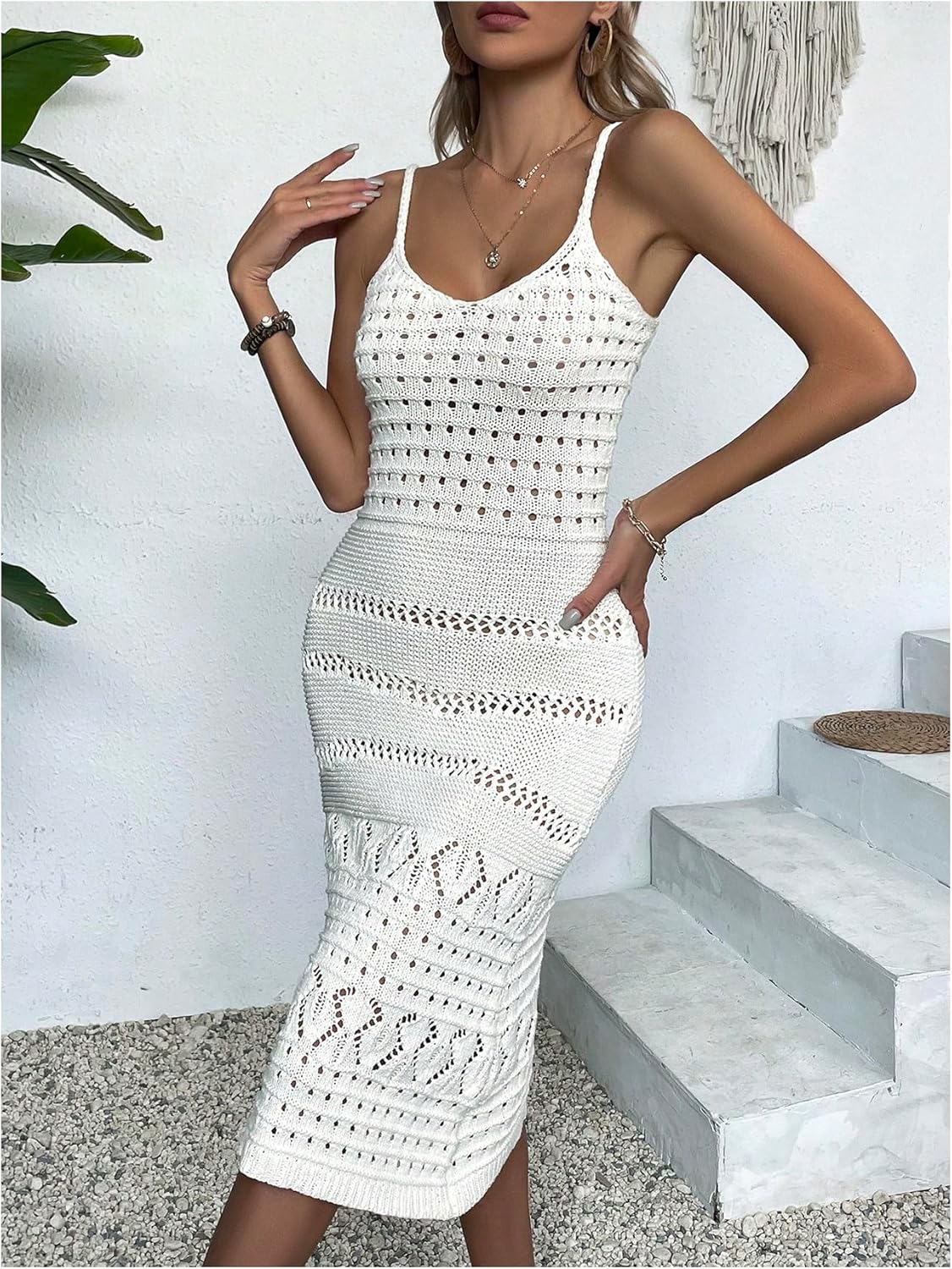 GORGLITTER Women's Boho Crochet Dresses Summer Vacation Knit Hollow Out Sleeveless Seashell Wedding Guest Dresses - Image 4
