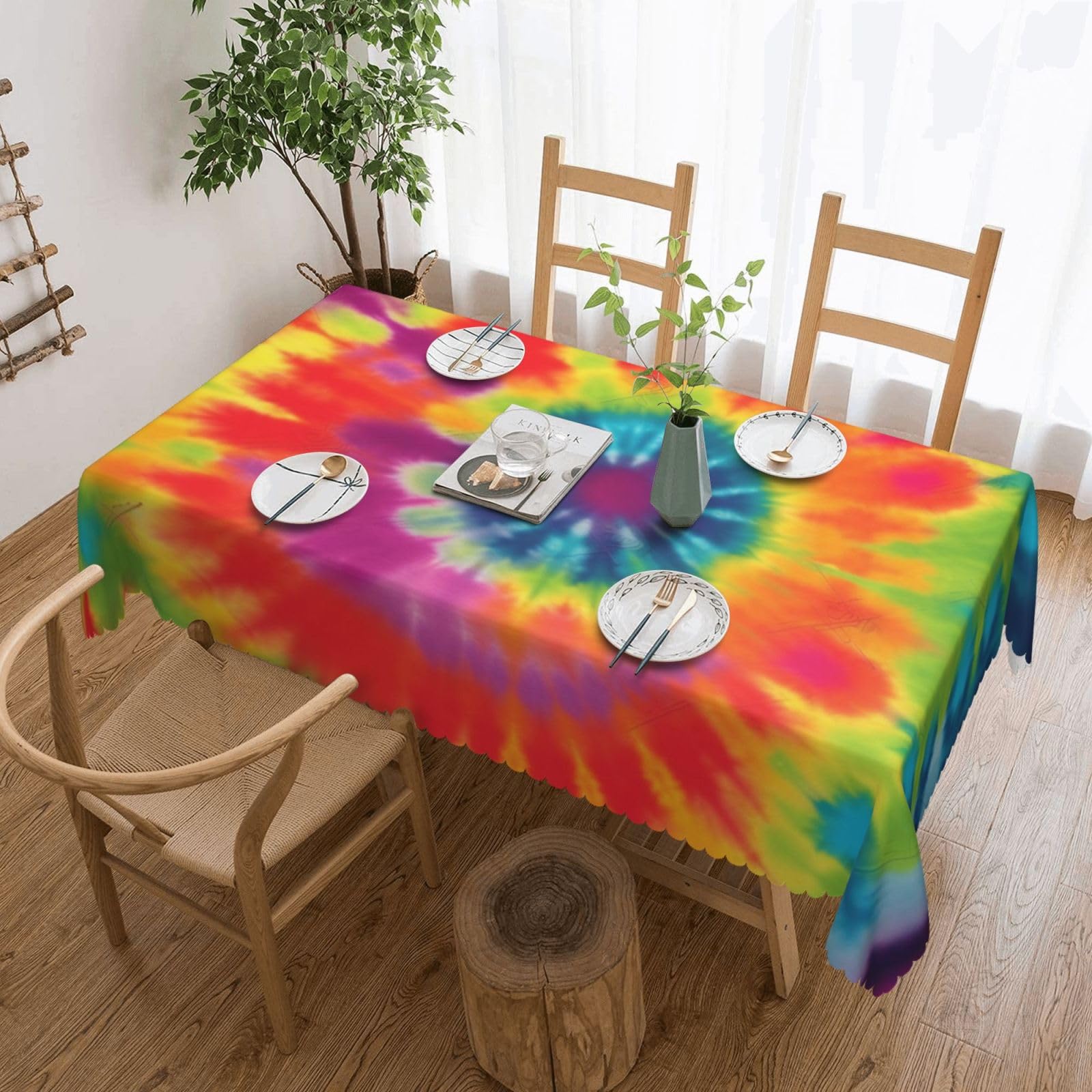 WPKJU tie dye Rainbow Printed Rectangle Tablecloth 72x54 Inch with Lace Trim, Water-Resistant Washable Table Cover for Farmhouse Weddings, Outdoor Picnics & Holiday Dining