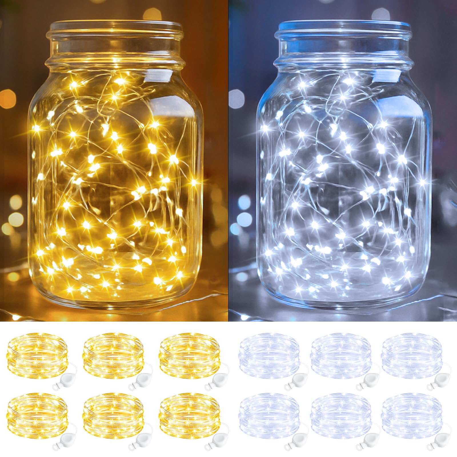 btfarm 12 Pack Fairy Lights Battery Operated, 2M 20 LED Mini String Lights Battery Powered, IP65 Waterproof Small Silver Wire for Crafts Jars Party Bedroom Christmas Decor, Warm White + Cool White