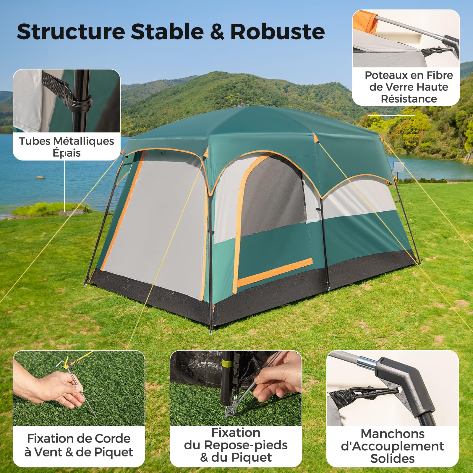 COSTWAY Tente de Camping avec 2 Pièces pour 4-6 Personnes, Tente Familiale Double Couchage Double Toit Imperméable Fenêtres en Maille Coupe-Vent Sac de Transport, pour Fête Randonnée
