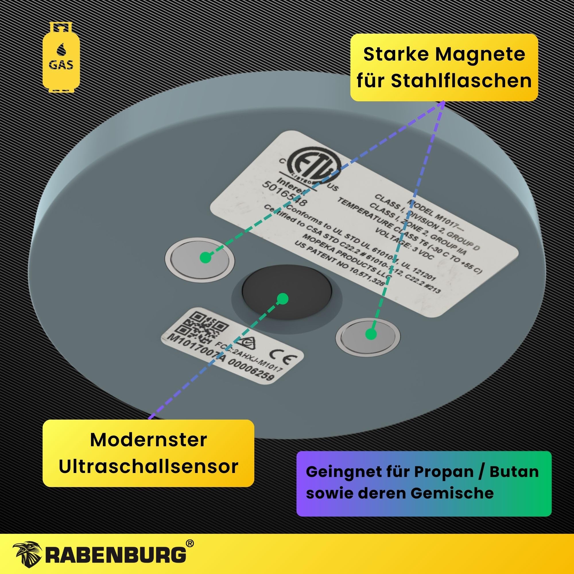 Gasflaschen Füllstandsanzeige PRO by MOPEKA - Ultraschallsensor für LPG - Magnetbefestigung für Stahlflaschen - Bluetooth App Anzeige - Horizontal und Vertikal - 5 kg 11 kg 33 kg