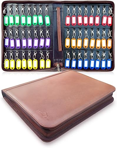 Organizador de llaves portátil, organizador de llaves con cremallera con 48 ganchos para llaves y etiquetas, almacenamiento de llaves de cuero,