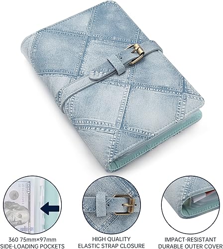 Miniatura 2 de Carpeta de presupuesto estilo denim de imitación A6, planificador de dinero con cremallera, sobres para efectivo, hoja y calcomanías para
