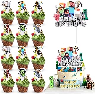 Dncvb Pack of 49 Miner Game Cake Decorations, 25 Pixel Cake Toppers + 24 Cupcake Toppers Wrappers Miner Game Cupcake Toppe...