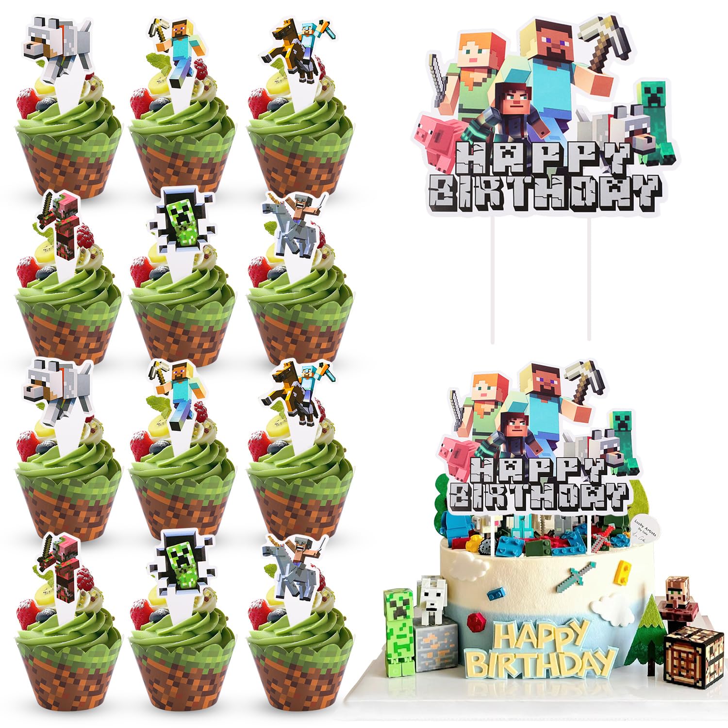 Miner Game Kuchendekoration - Pixel Topper Für Geburtstagskuchen & Cupcakes