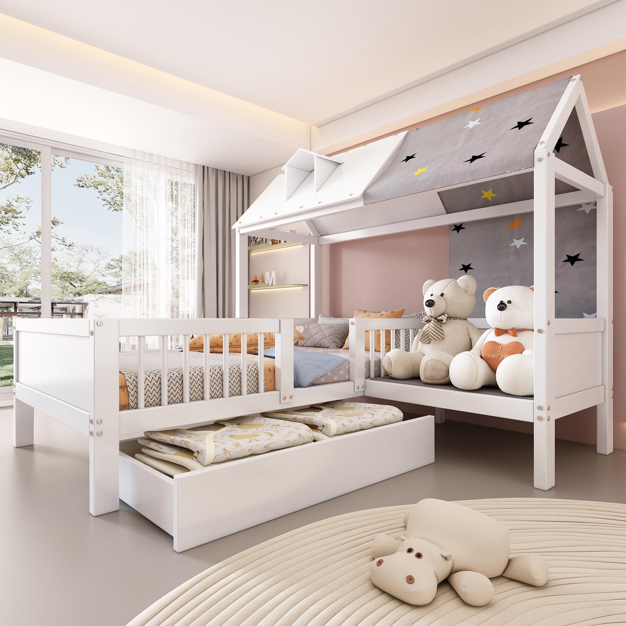 Kinderbett 90x200 cm, Hausbett mit Zeltstoff und Schubladen, Funktionsbett mit Fallschutz, Jugendbett Jungen und Mädchen, Ohne Matratze