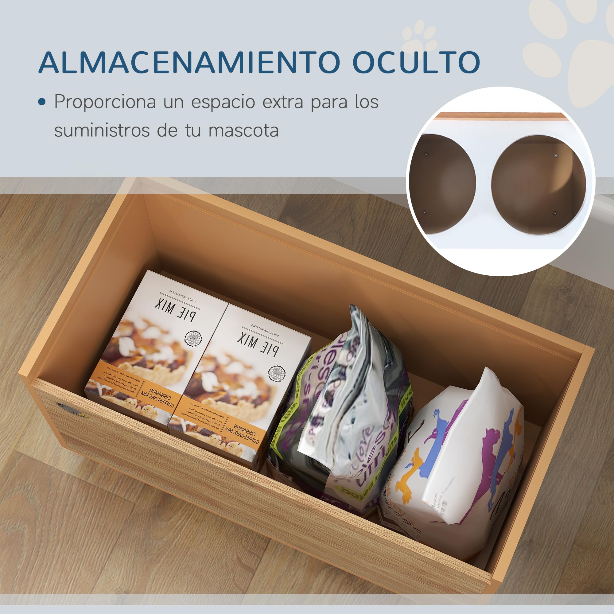 PawHut Comedero Perro Elevado con Alimentador Lento Extraíble y Espacio de Almacenaje Cuencos para Perros con 2x2 L Comedero y Bebedero de Acero Inoxidable para Perros Grandes Roble