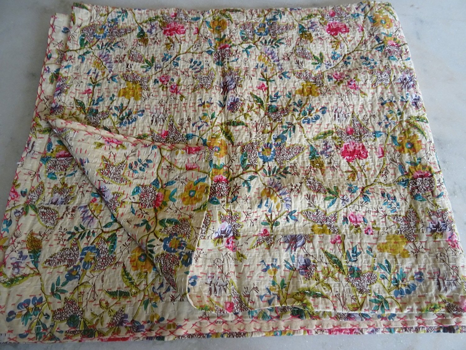 Sophia-Art Indian Kantha Quilt, Bird of Paradise Kantha Blanket, Kantha Bohemian Bedding, Reversible Bedsheet/Bedspread Decorative Vintage Ethinic (White)