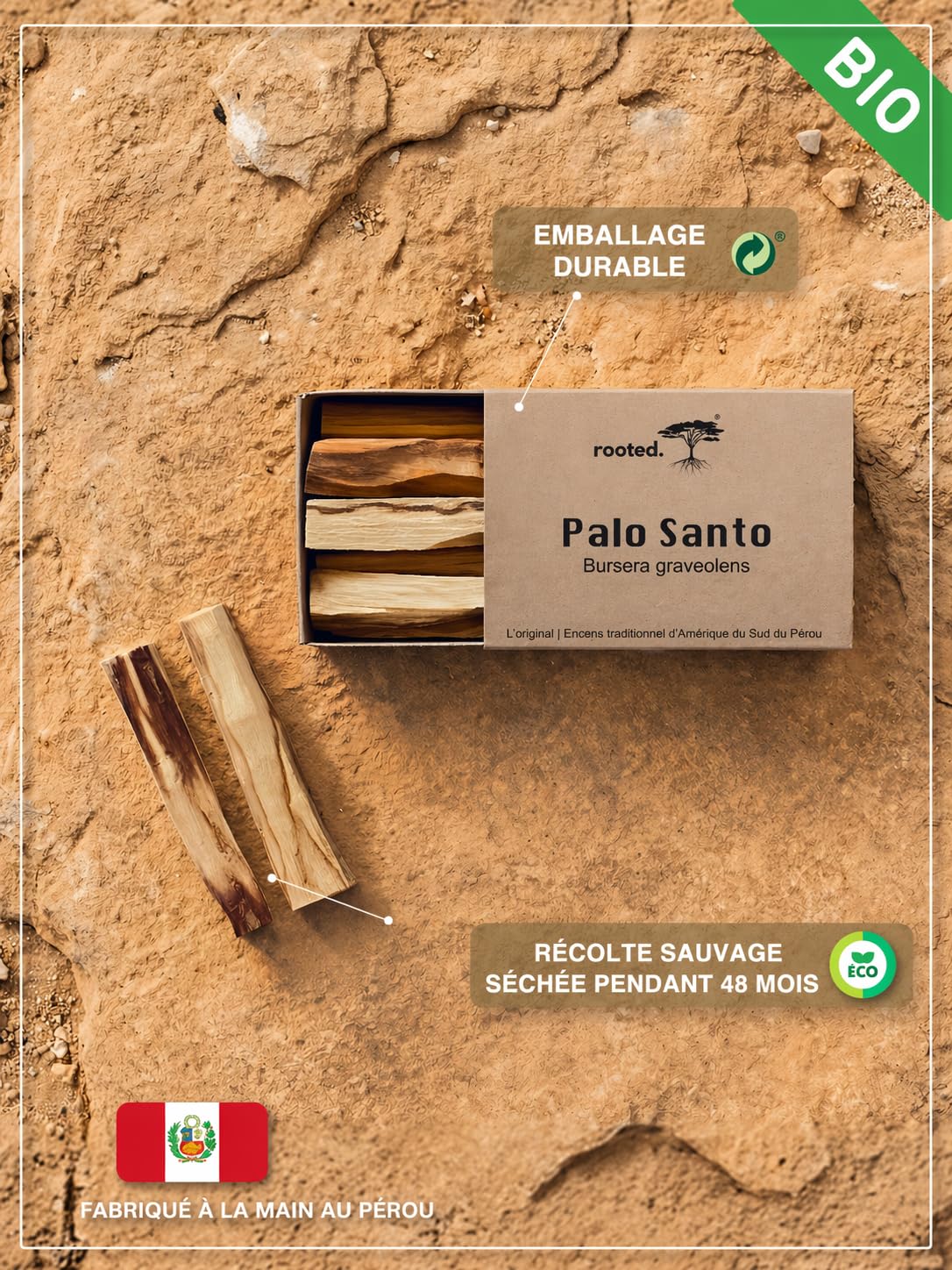 rooted.® L'Original Palo Santo - Bois sacré du Pérou - Encens - Méditation et Purification - Récolte Durable