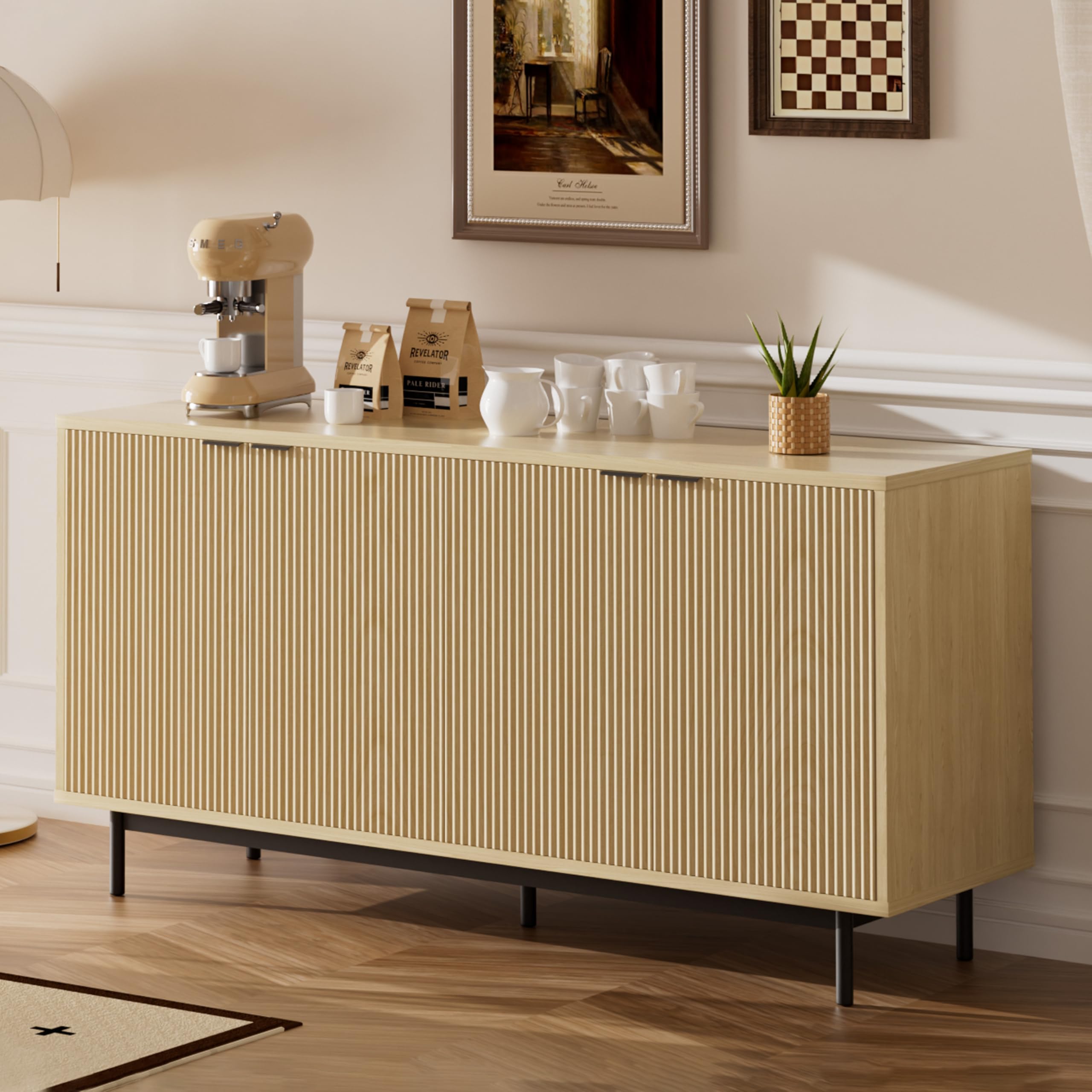 Vipbear Sideboard Cabinet with Storage, 58" Wooden Console Table with 4 Fluted Doors & Adjustable Shelves, Scandinavian Modern Home Decor for Living