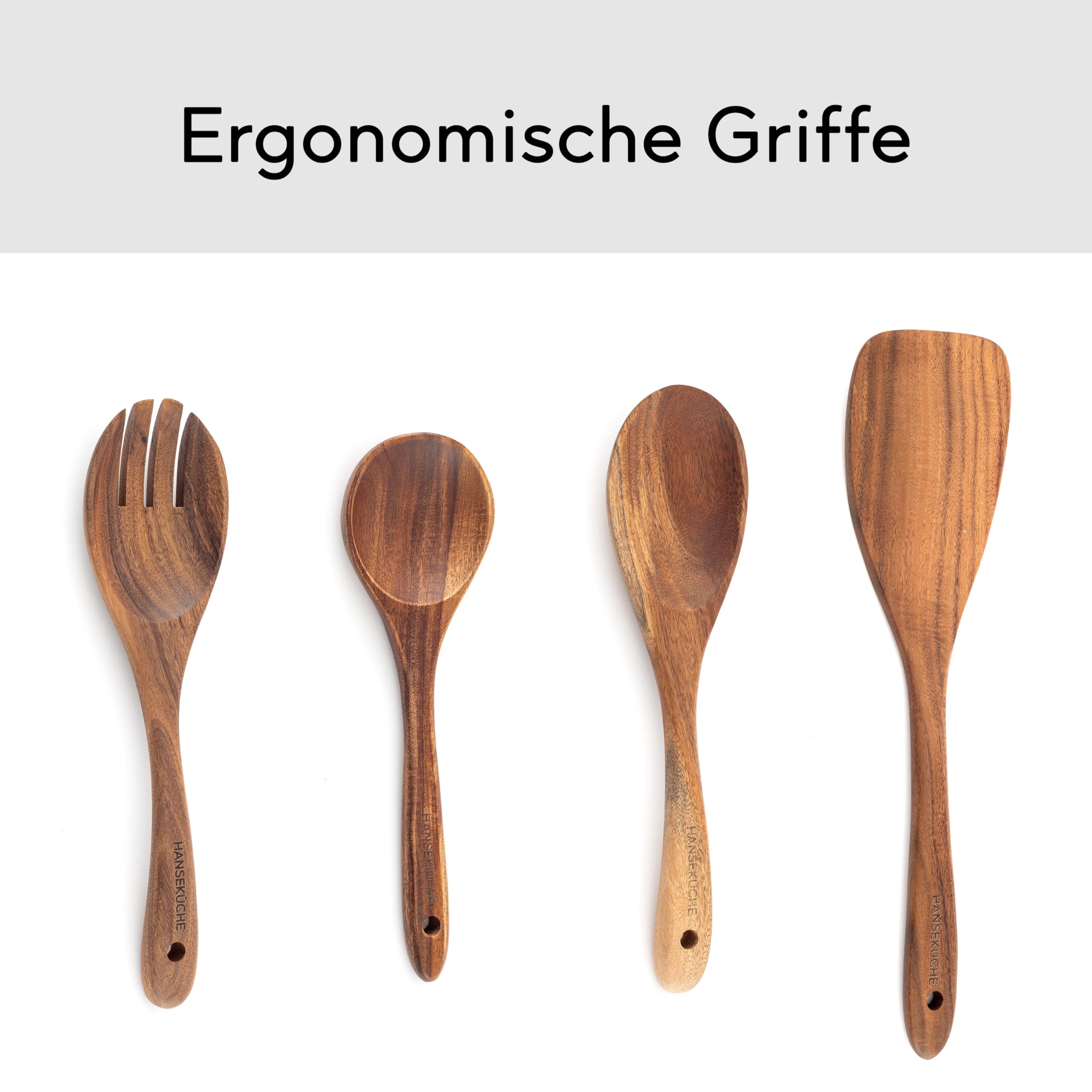 Hanseküche Küchenhelfer Set aus Holz - Grillzange, Schneebesen, Pfannenwender, Holzlöffel und Nudelschöpfer 9 teilig Löffel Teakholz (9er Set)