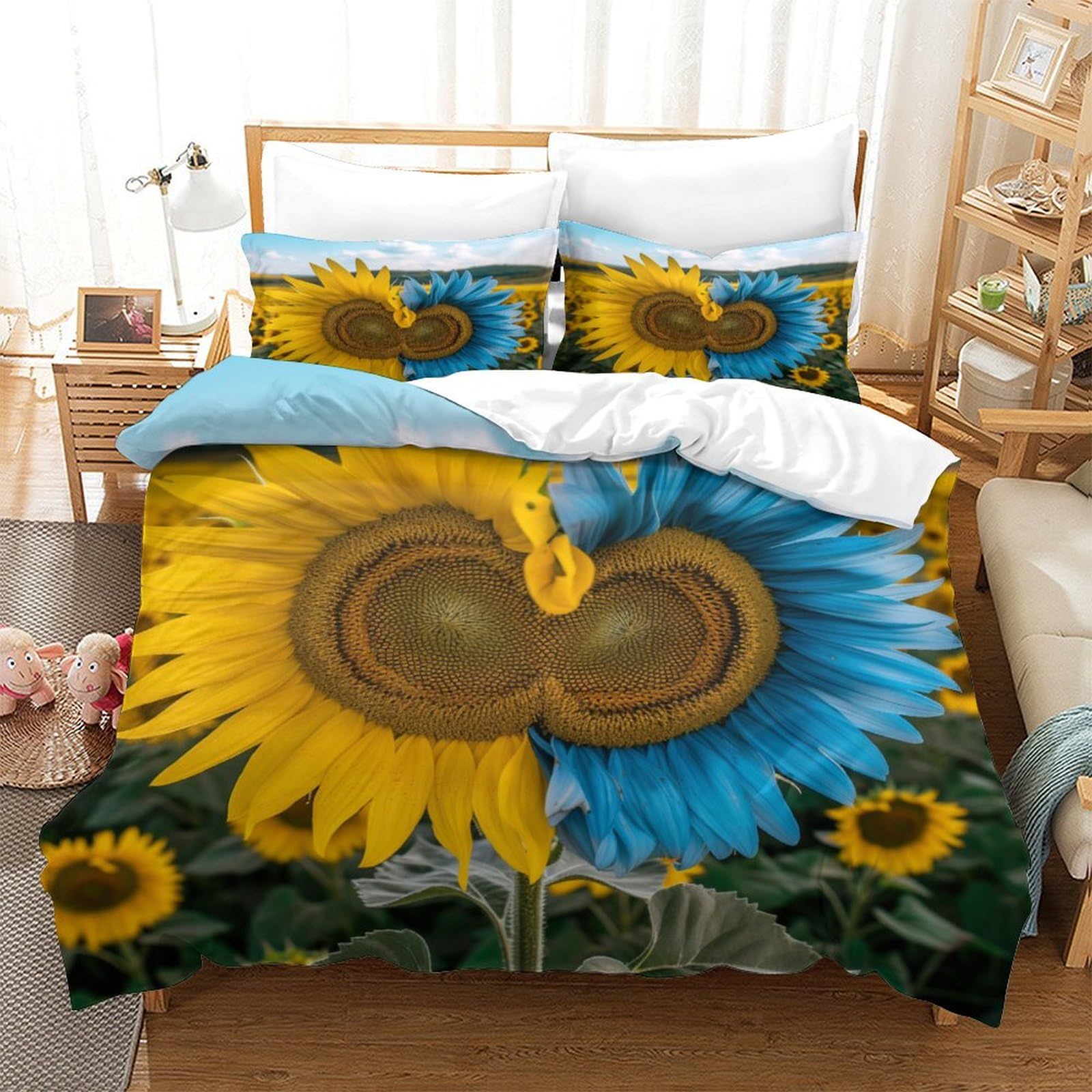P1S9U7W5Y Vibrant Sunflower 3D Printed Duvet Cover Set 3pcs Microfiber Blue Yellow Floral Bedding Set King（220x240cm）