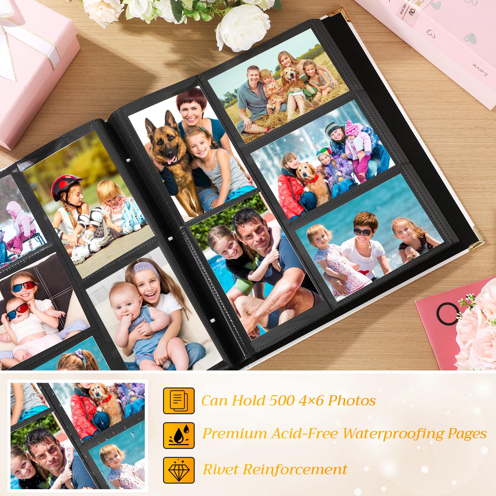 Yexiya Fotoalbum aus PU-Leder, 10,2 x 15,2 cm, 500 Taschen, extra großes Fassungsvermögen, für horizontale und vertikale Fotos, Familie, Hochzeitstag, Reisen, Fotoalben mit einzigartigen Erinnerungen