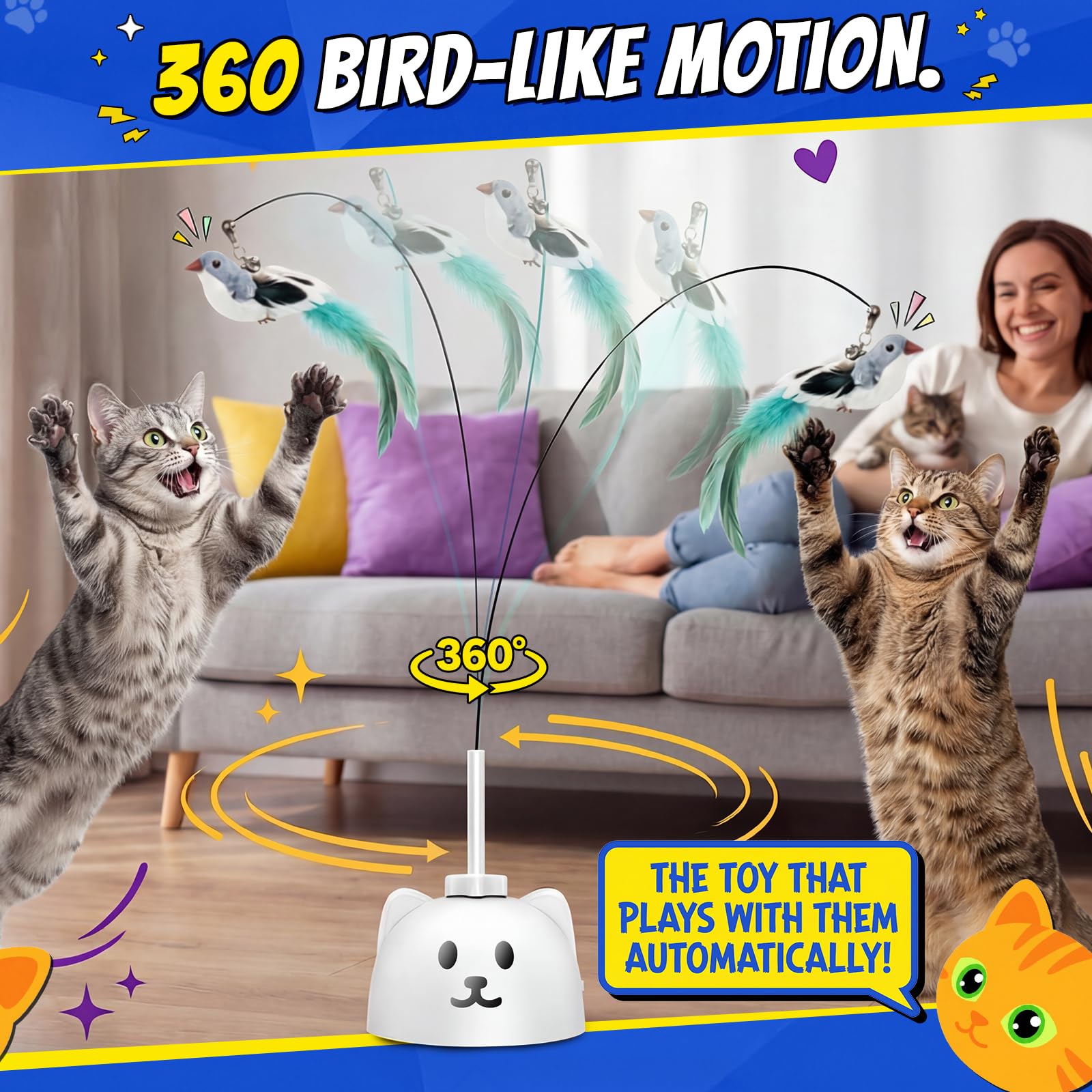 Interactive Cat Toys for Indoor Cats - Automatic Flying Bird Feather Toy, USB Rechargeable Electric Cat Teaser with Sticky Suction Base, Smart Motion Activated Self-Play Enrichment Toy for Bored Cats - image 7