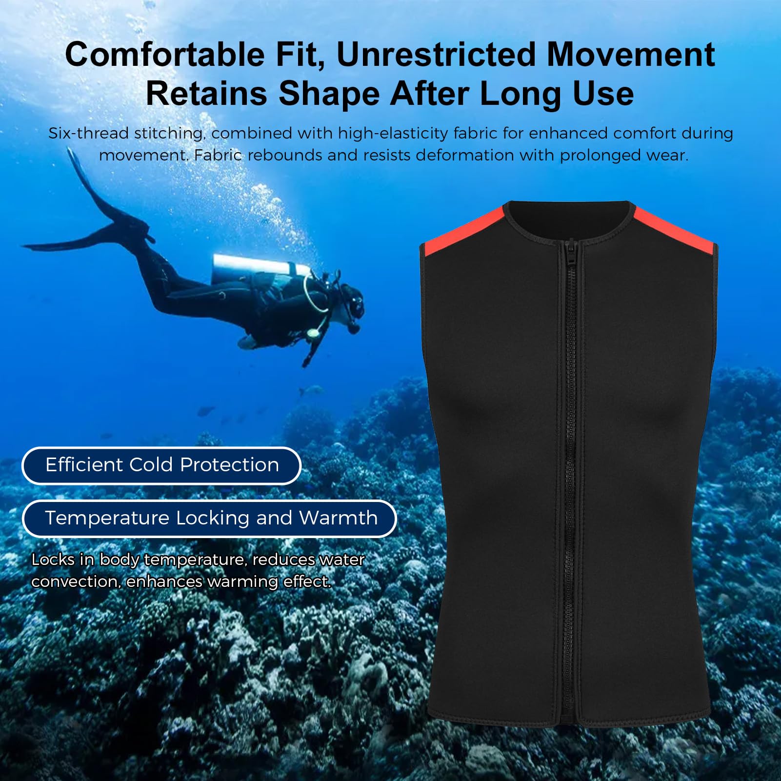 doorslay Gilet da uomo senza maniche, con cerniera frontale da 3 mm, in neoprene, per nuoto, snorkeling, surf, immersioni - 4