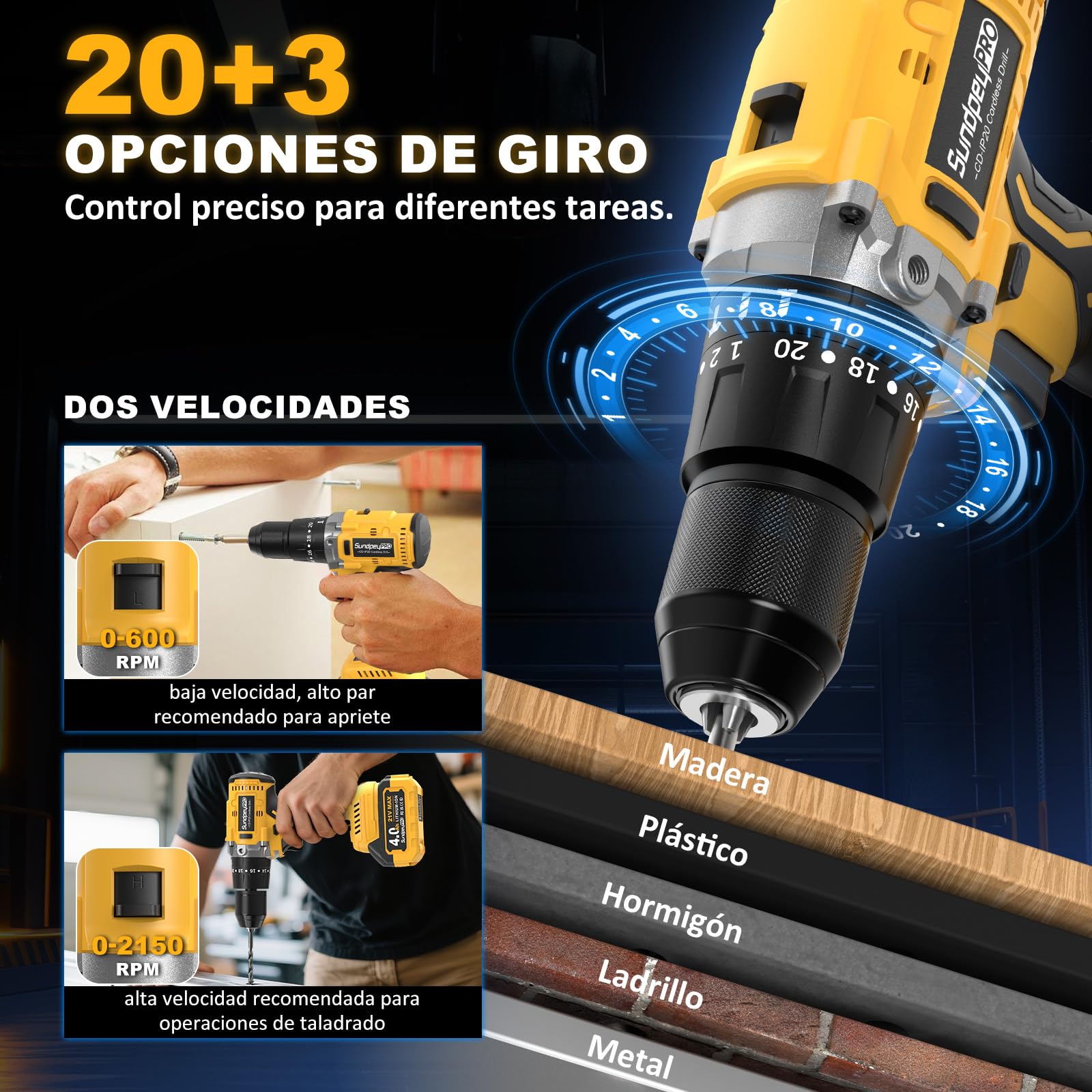 Taladro Percutor Bateria 120Nm - 21V Sin Escobillas Taladro Atornillador Inalámbrico con 2 Baterías 4.0Ah, 20+3 Ajuste de Par Destornillador Electrico, 13mm Portabrocas, 2 Velocidad