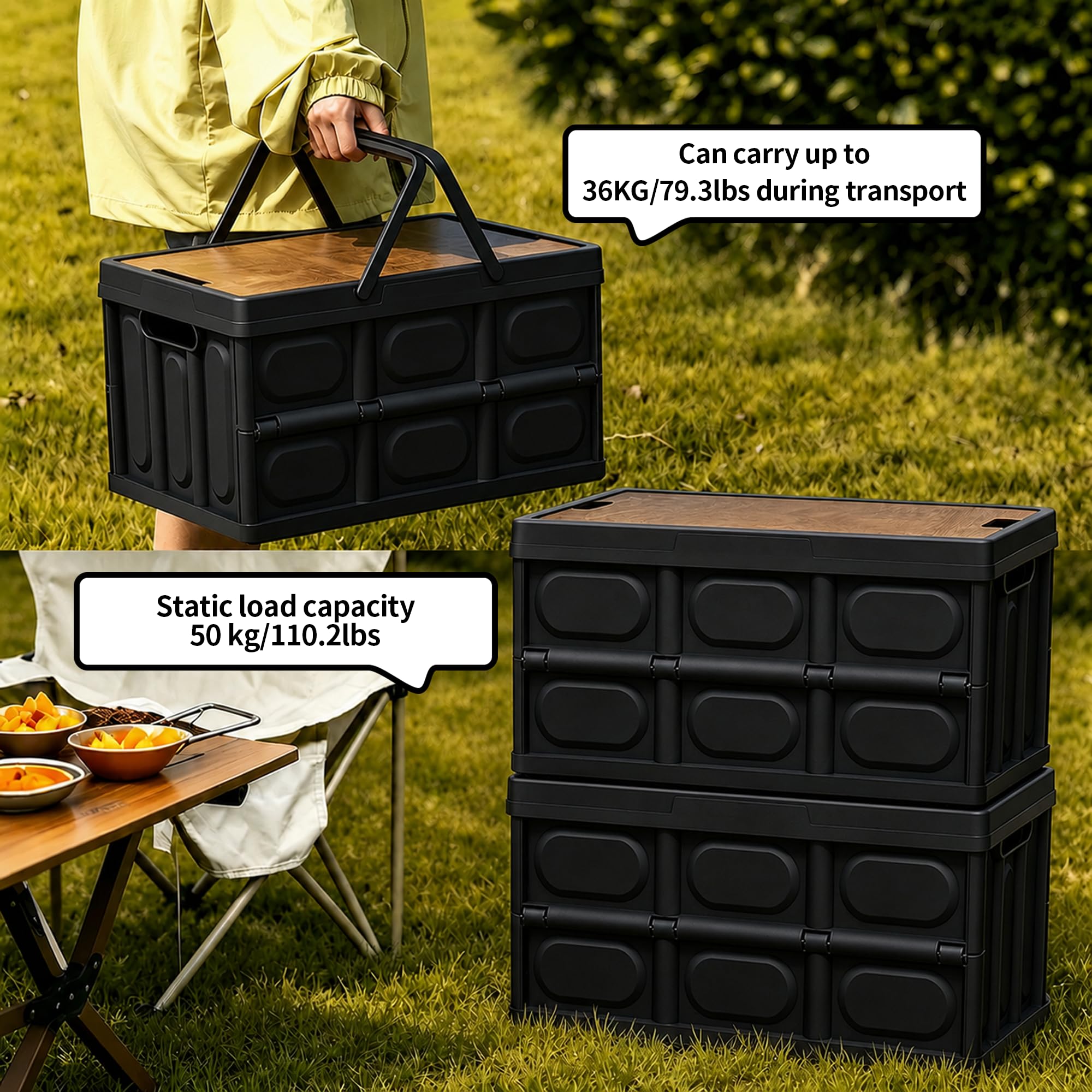 Klappbox Faltbar Stabil Plastik Faltbox, 56 Liter (2, Schwarz)