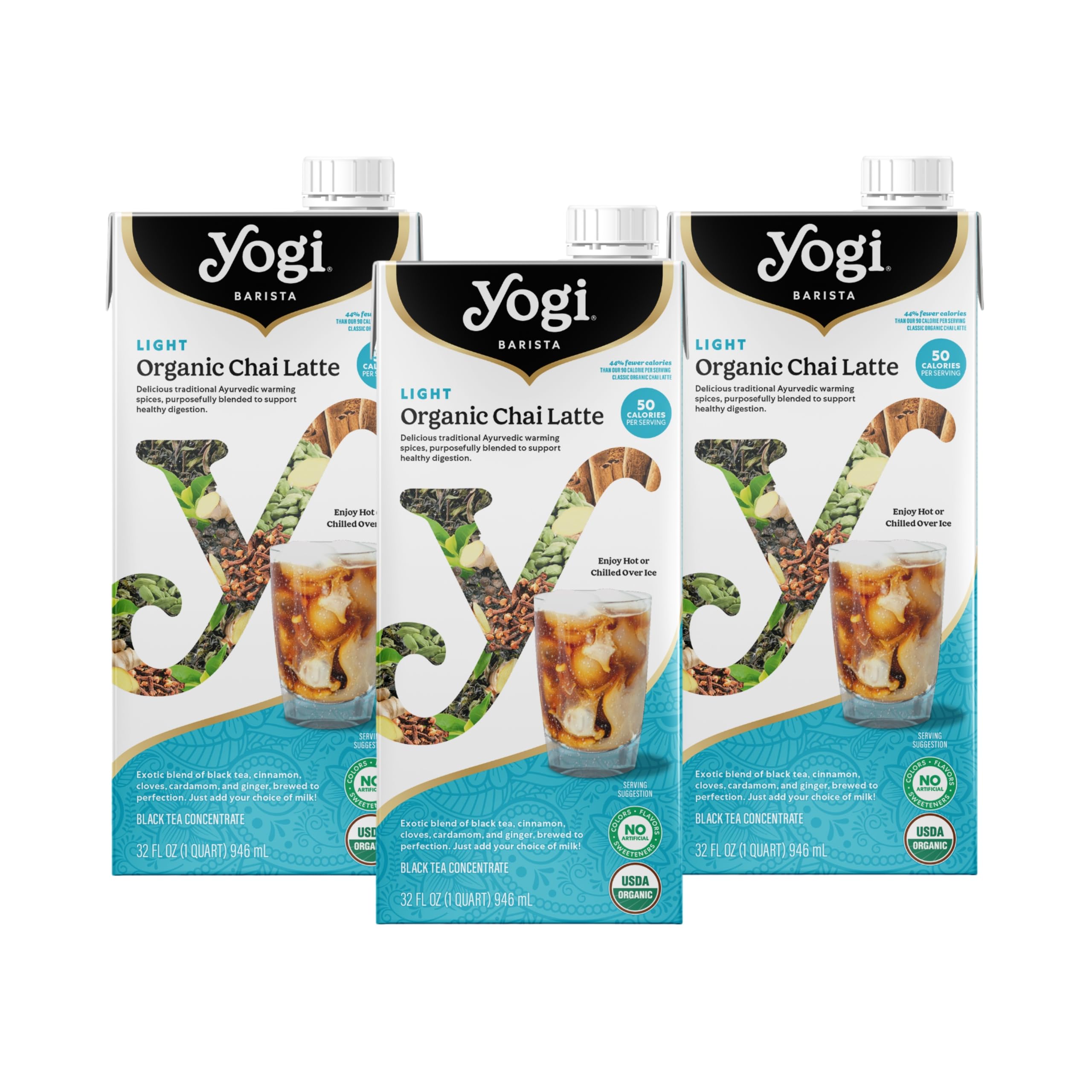 YogiBarista Light Organic Chai Latte - 32 Fluid Oz (3 Pack) - Organic Chai Tea Concentrate - Supports Healthy Digestion - Includes Black Tea, Ginger, Cardamom, Cinnamon & MoreUSDA Organic