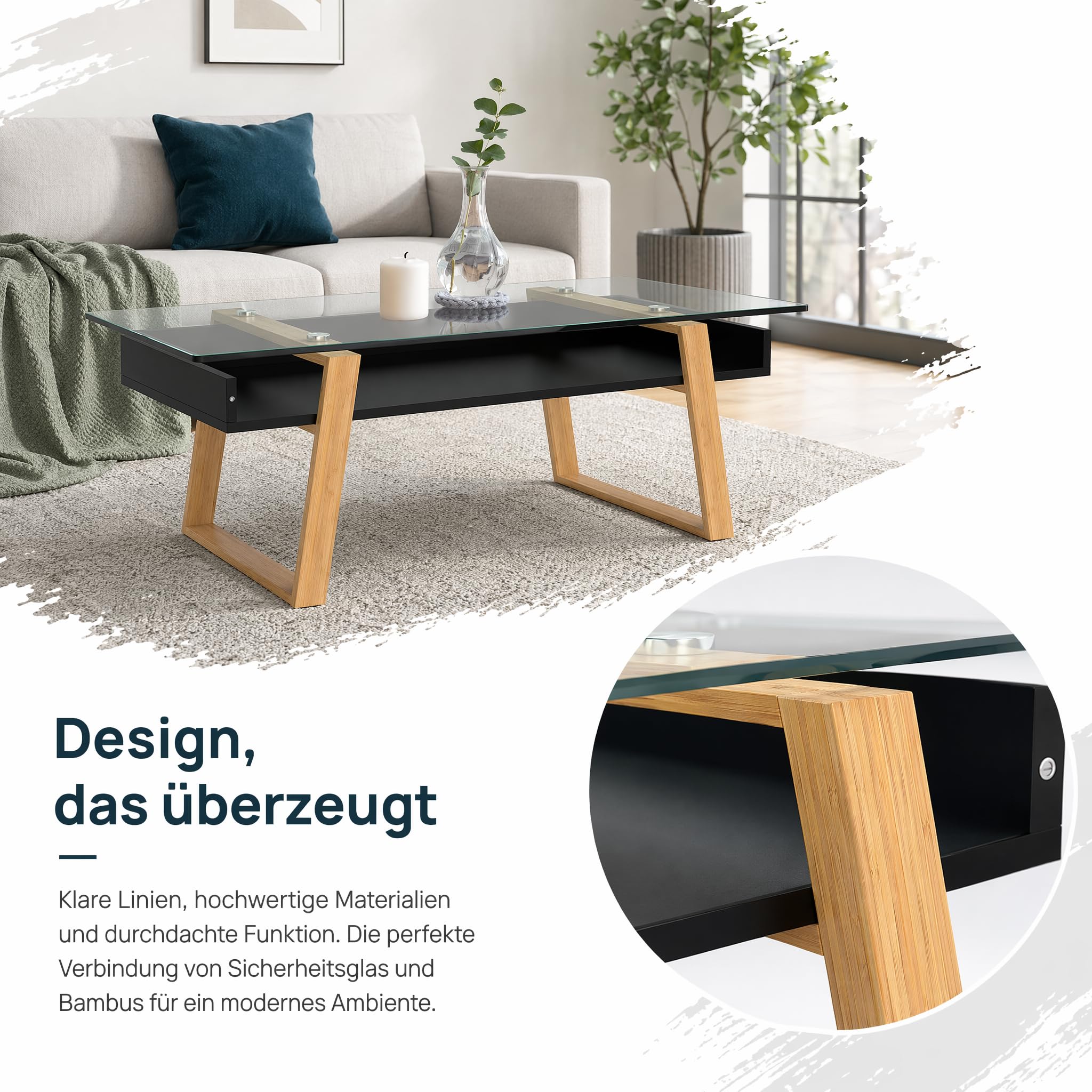 bonVIVO Couchtisch Glas Schwarz mit Bambus – Moderner Glastisch Wohnzimmer mit Ablage 110x55x40 cm – Wohnzimmertisch Schwarz Skandinavischer Couchtisch Holz Glas