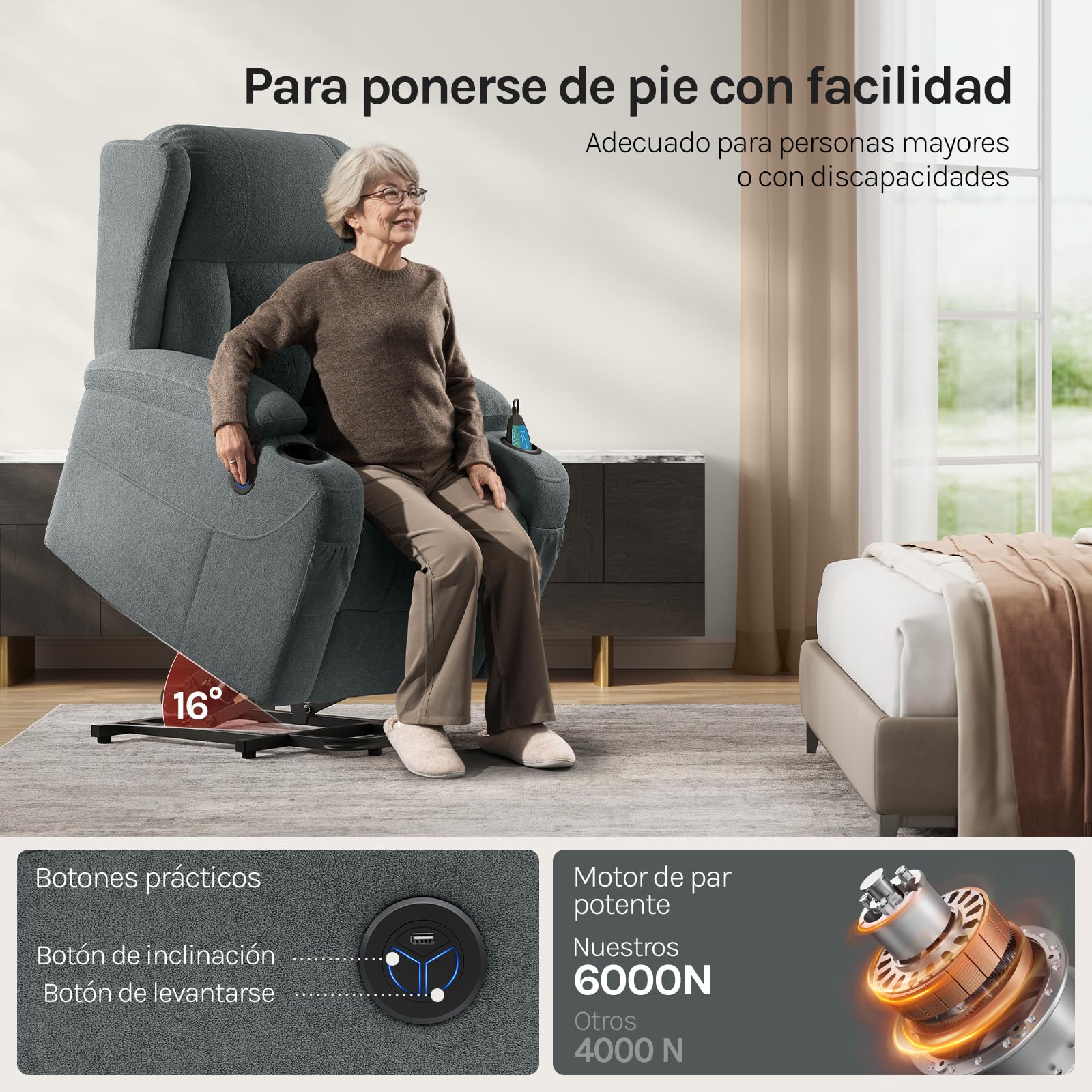 WOLTU Sillón Reclinable Eléctrico, Sillón Relax de Masaje con Ayuda para Levantarse, con Calefacción de Masaje, Reposapiés, Bolsillos, Portavasos, Puerto USB, Tela de Rizo, Gris, SKS61gr