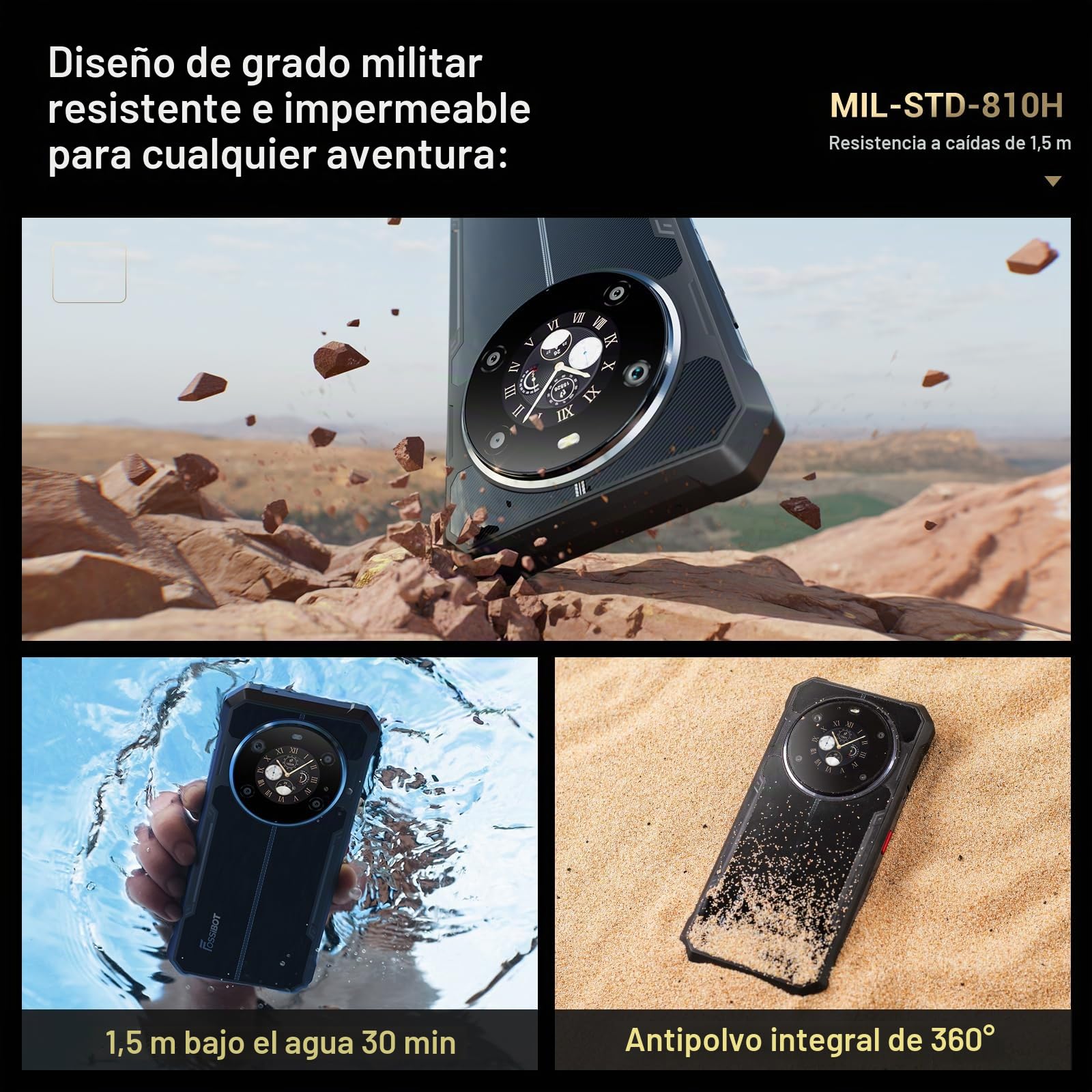 FOSSiBOT F109S Teléfono Resistente, 24GB+256GB, 6,75'' HD+ Pantalla, Innovadora Pantalla Trasera, Batería 10600mAh, 50MP IA Triple Cámara, IP68 Móvil Antigolpes, Android 15, Doble SIM NFC Negro