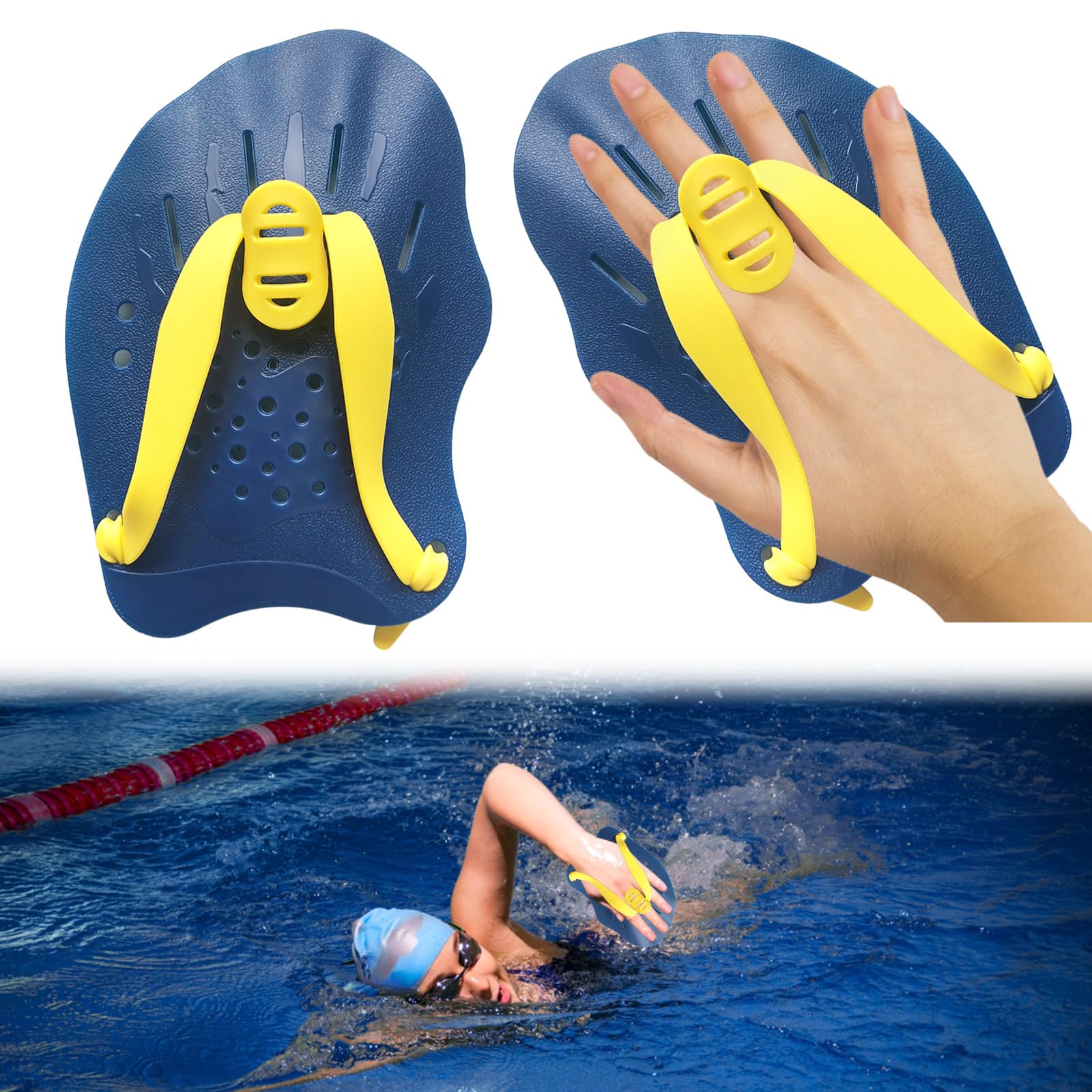 Winmany 1 Pair Hand Paddles for Swimming Swim Paddles with Adjustable Straps Power Strength Training Aid Pool Exercise Equipment Accessories for Adults Kids Children Unisex (Blue Yellow)
