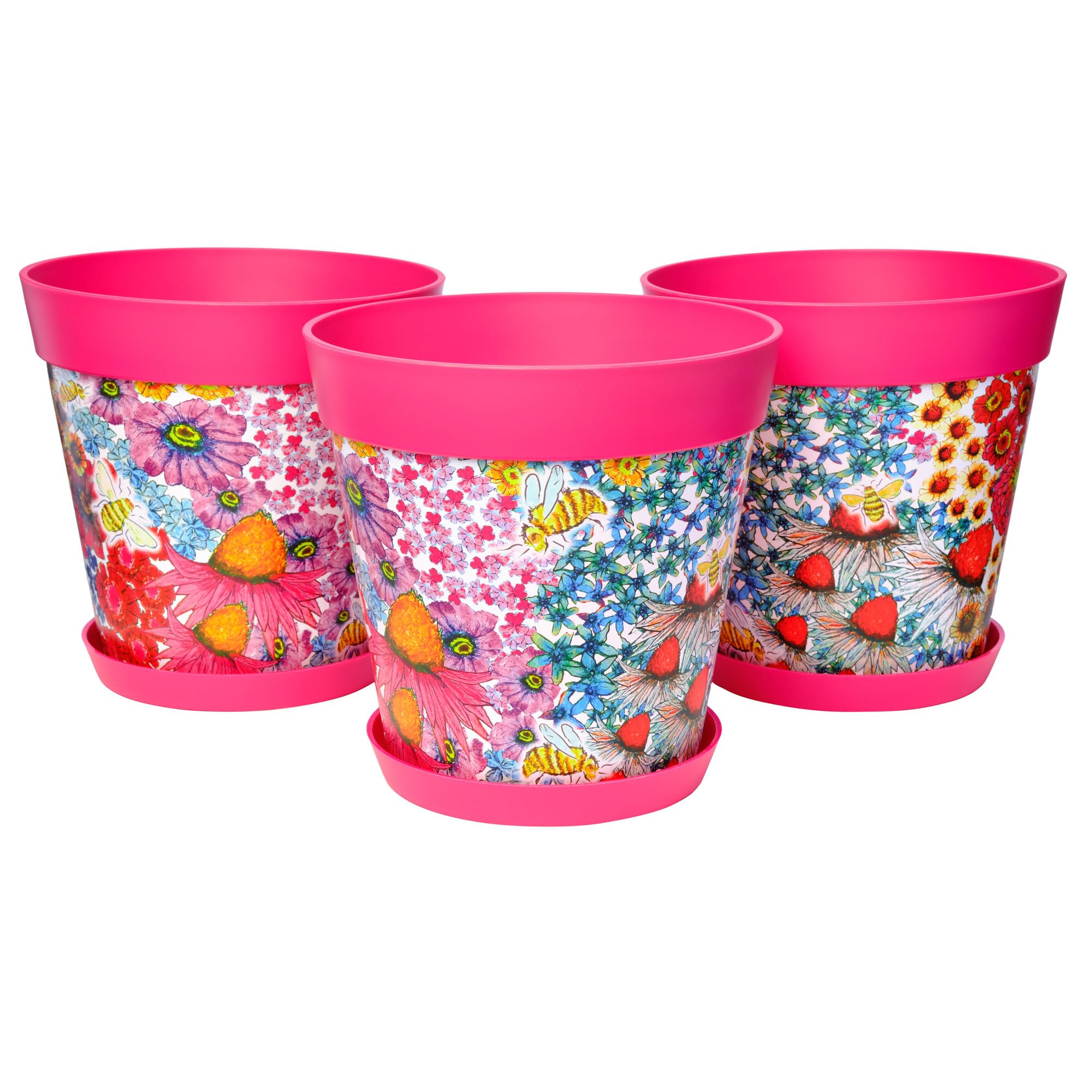 Hum Flowerpots Pink Flowers & Bees Set Of 3 Plastic, Indoor/Outdoor Plant Pots 25Cm Diameter And 3 Saucers 19Cm Diameter (Pink Flowers & Bees)