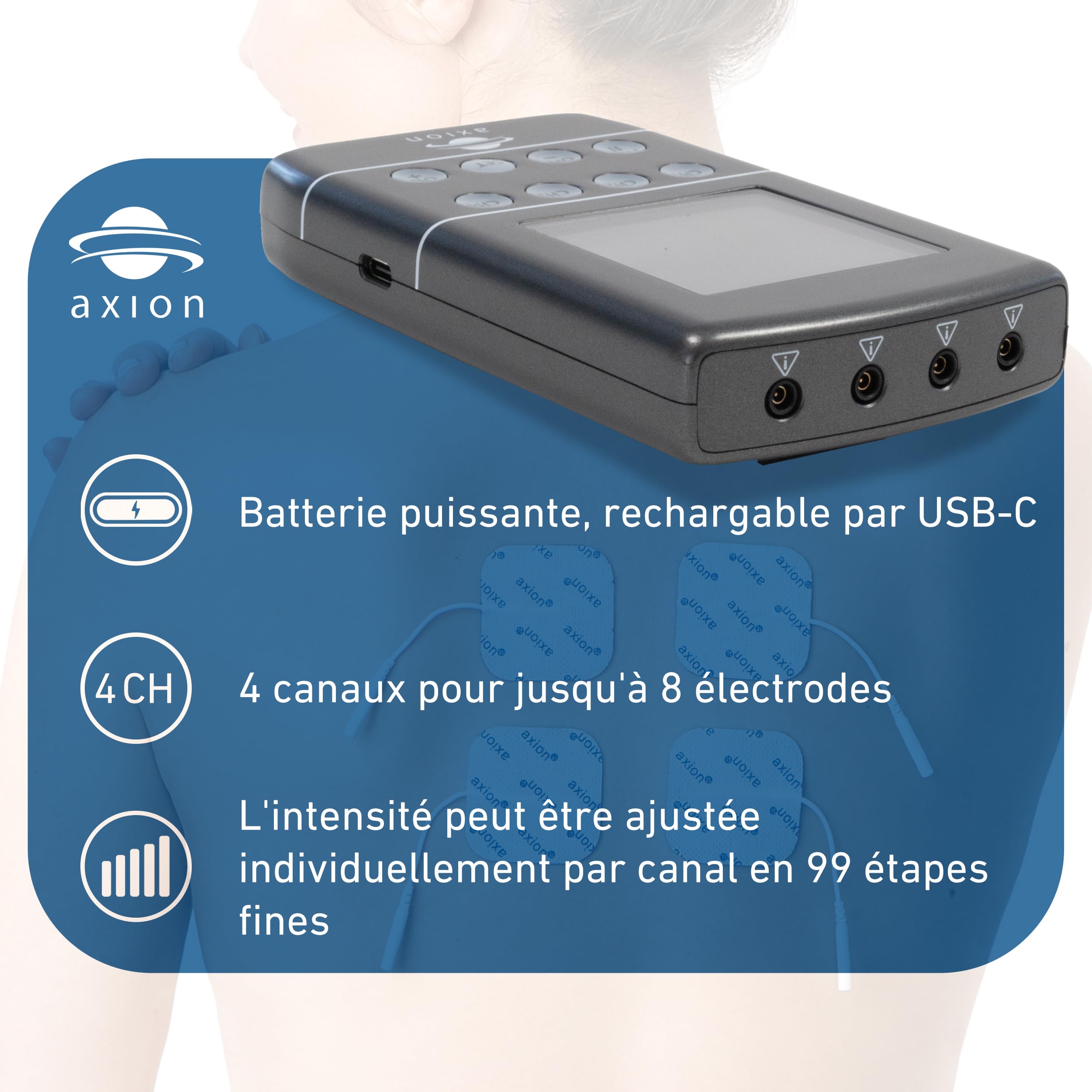 Appareil combiné TENS EMS STIM-PRO X9B - 4 canaux dans un set avec 8 pièces 5x5cm, 4 pièces 10x5cm, électrodes spéciales autocollantes & spray de contact - Thérapie de la douleur, renforcement