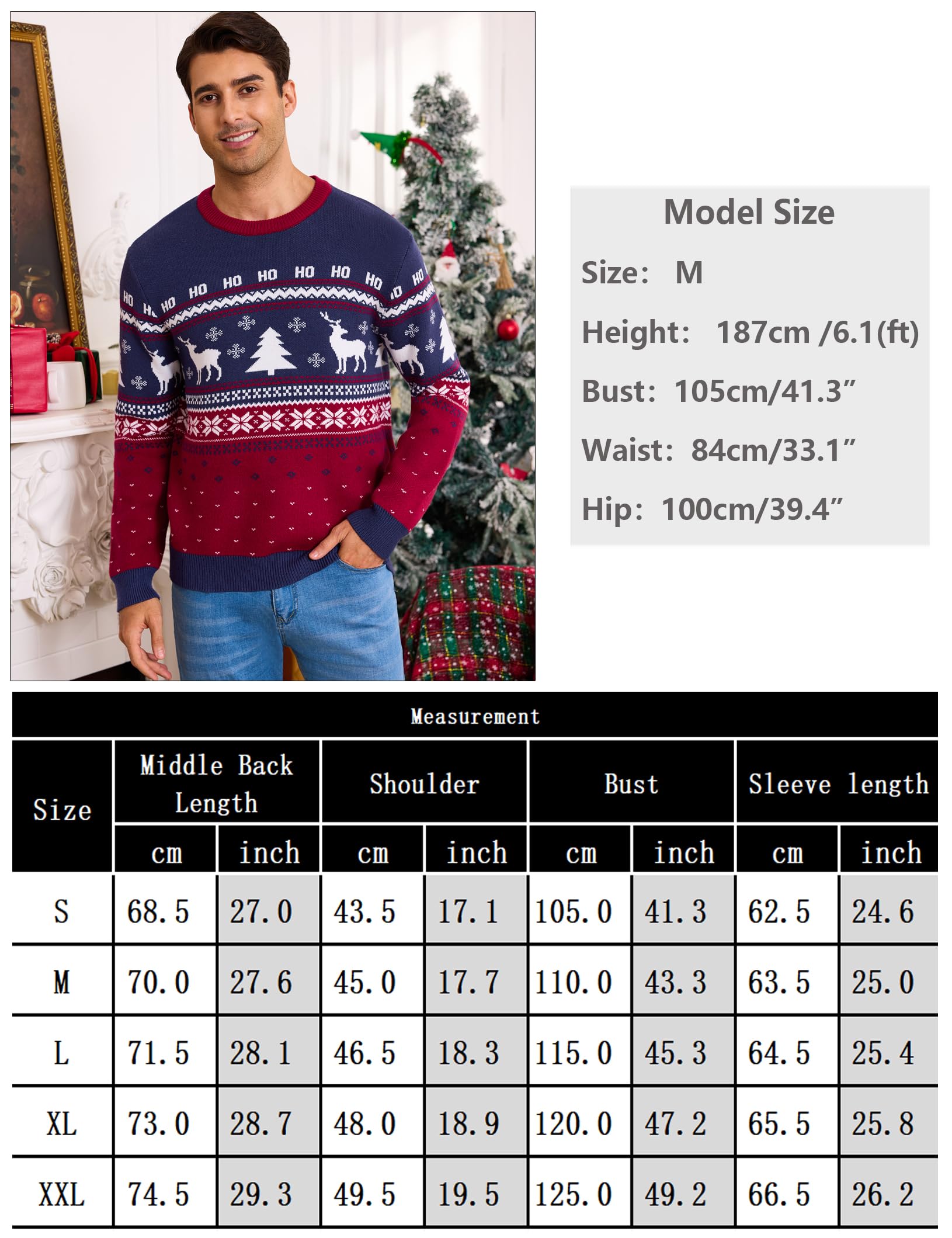 Jersey Navideño Cuello Redondo para Hombre Suéter de Manga Larga Cálido Reno Pullover de Punto Tallas S-XXL