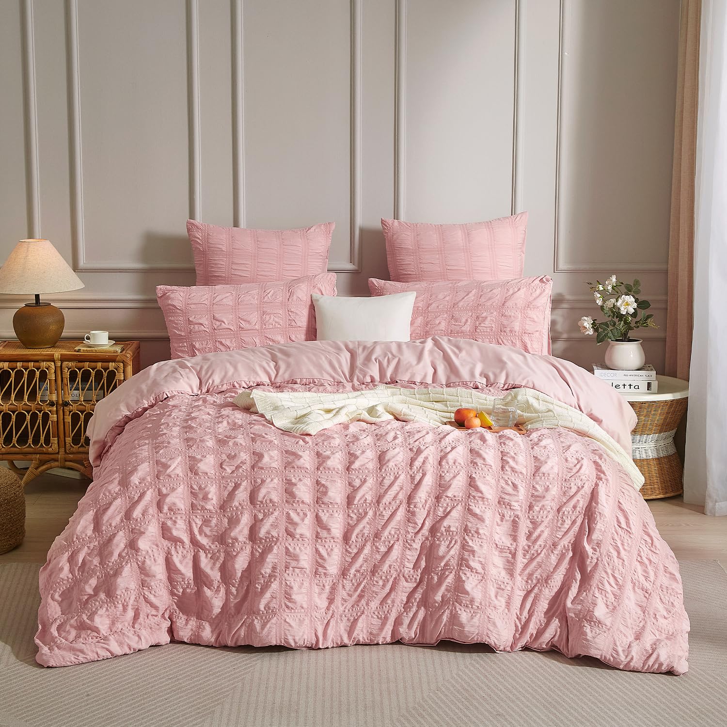 Luofanfei Biancheria da letto in seersucker, 155 x 220 cm, rosa, estate, fresca, a righe, motivo a quadri, traspirante, leggera, copripiumino singolo e federe 80 x 80 cm, con chiusura lampo