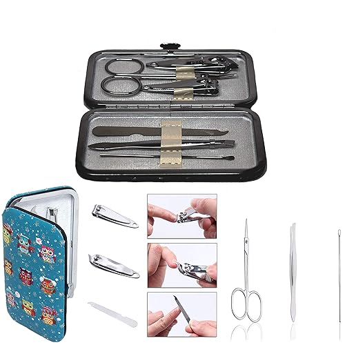 Set de manicurapedicura SetSet de aseo Facial6en 1Profesional de acero inoxidable uñas kit de aseo con verde azulado invierno búhos estuche de