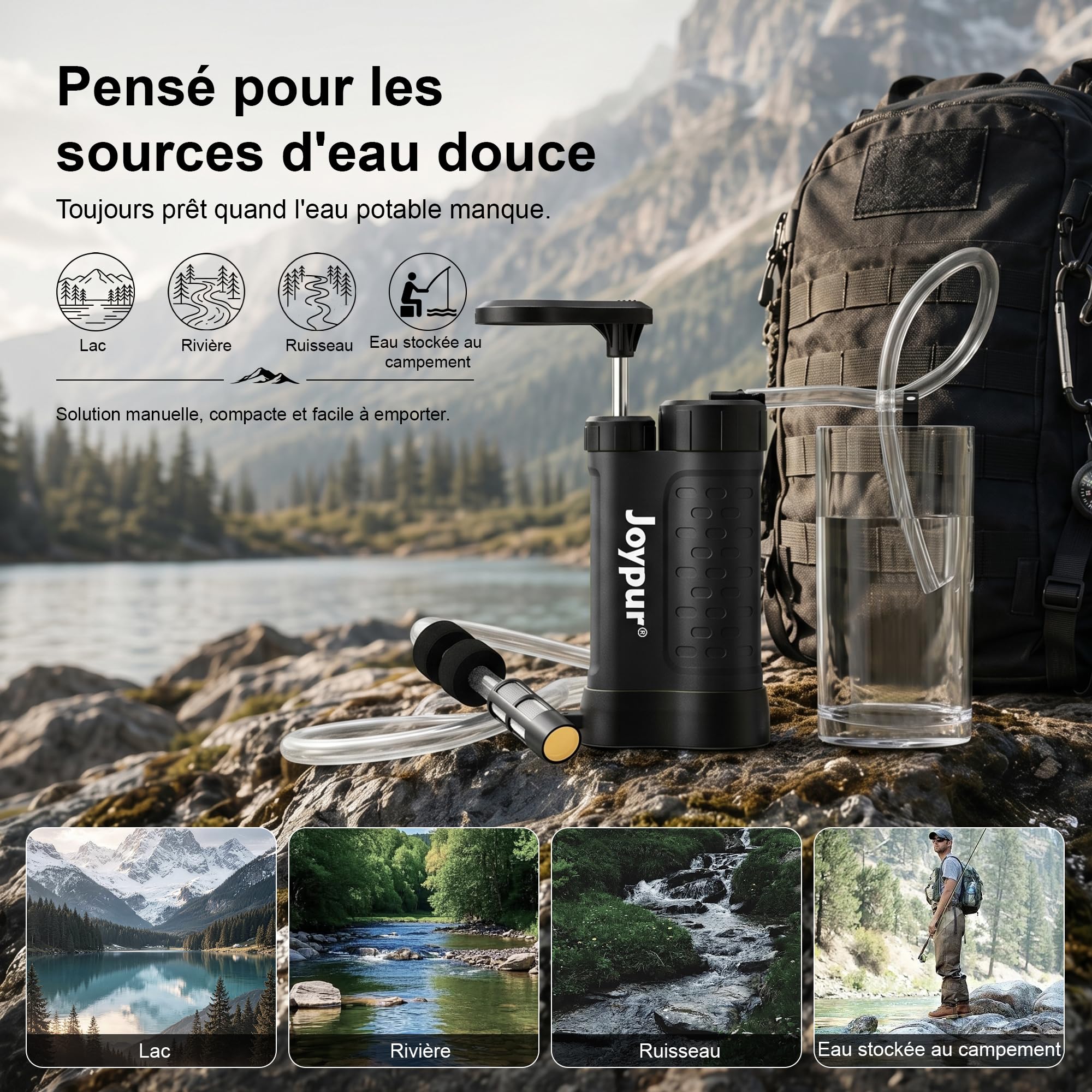 Filtro dell'acqua per esterni con membrana UF a 5 livelli, precisione del filtro 0,01 μm, peso leggero 340 g, per campeggio e emergenza (480 ml) (K8192 x nero)