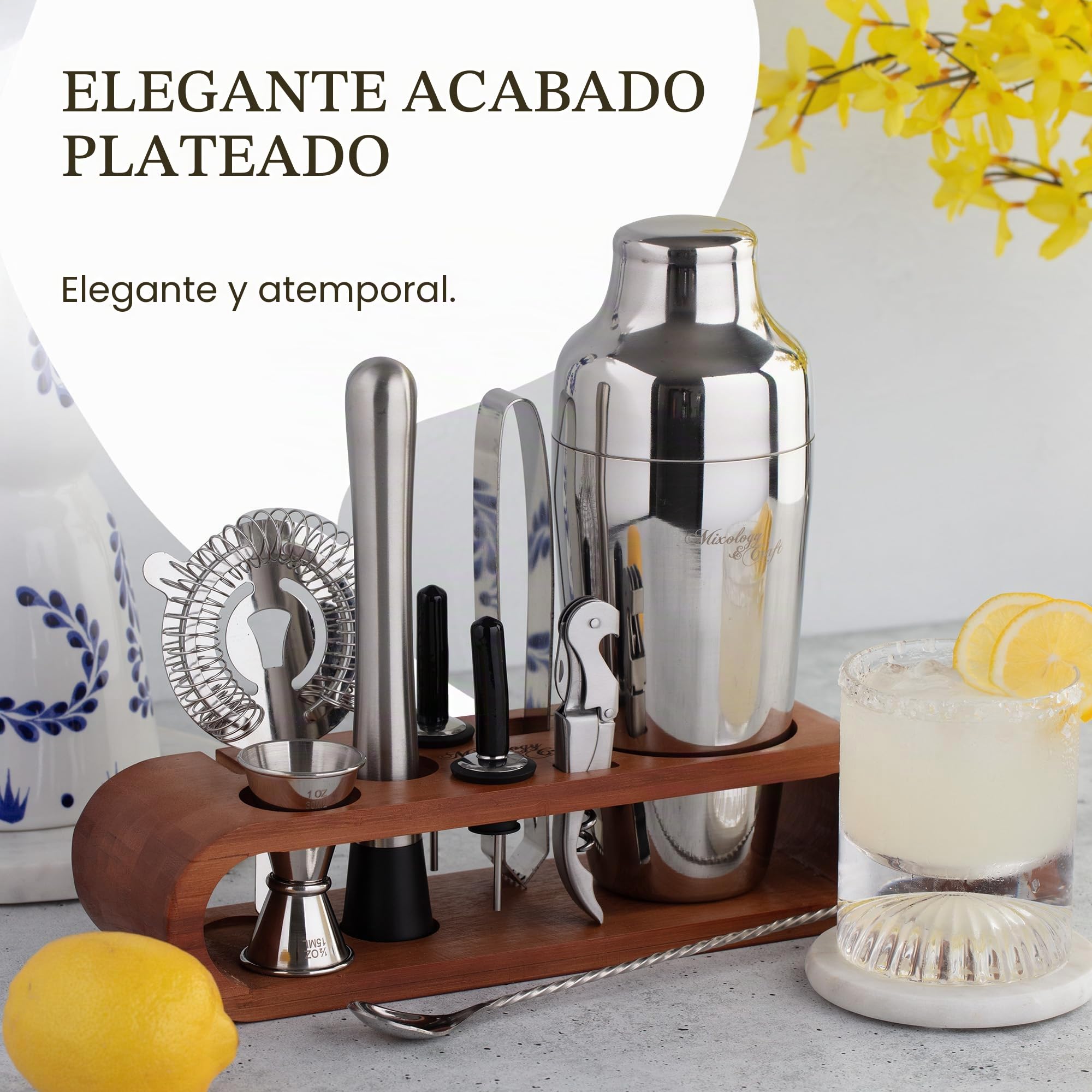 Mixology Bartender Kit: 10-Piece Bar Tool Set with Mahogany Stand | Perfect Home Bartending Kit and Martini Cocktail Shaker Set For a Perfect Drink Mixing Experience | Fun Housewarming Gift (Silver)