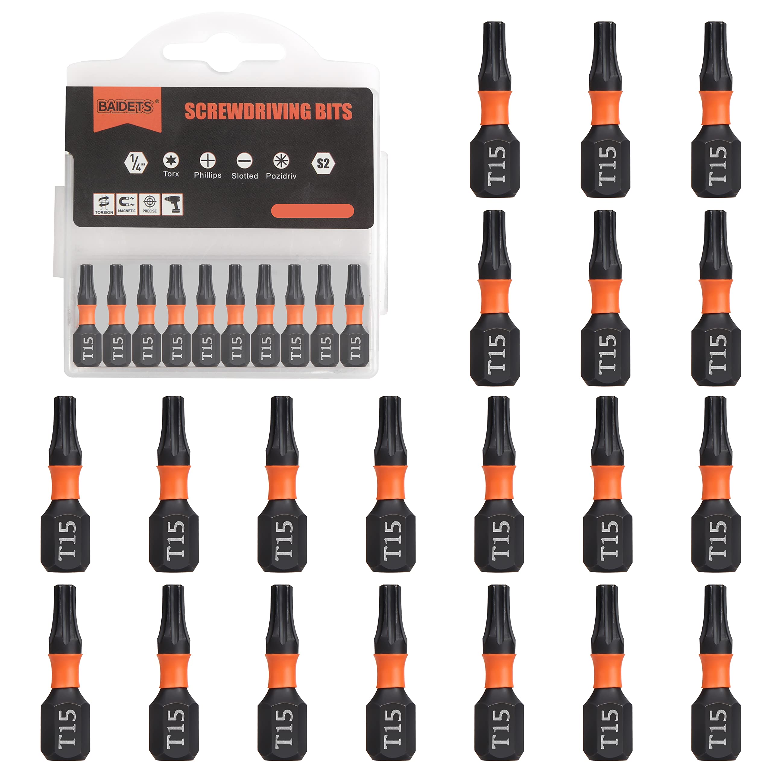 BAIDETS Pro T15 Bit-Sortiment - Schraubendreher Bits Set 20 Stück, 25mm Länge, Schrauber-Bit, 1/4" Sechskantschaft, mit Spender-Box