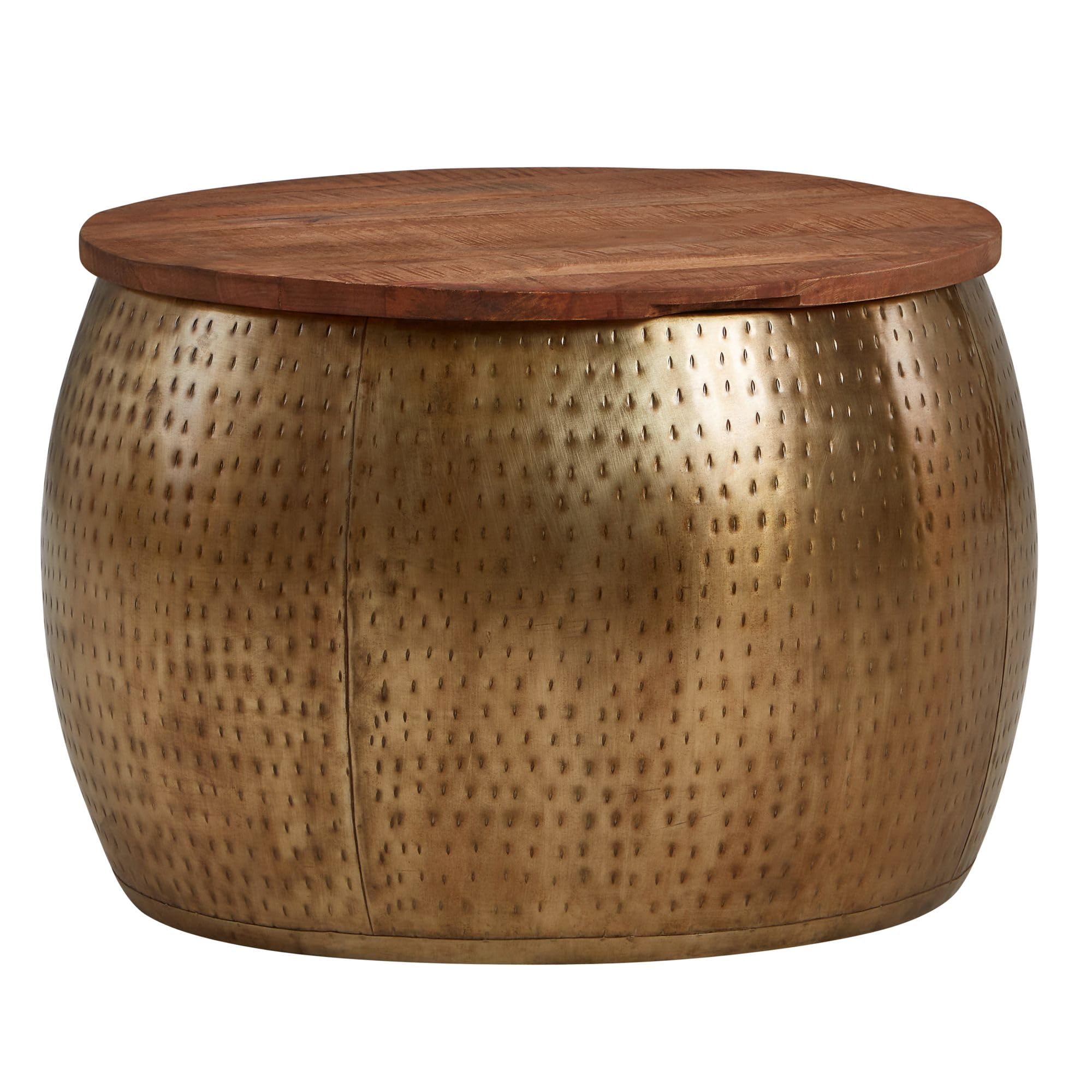 FineBuy Mesa de Centro Moderna Redonda 60x60x40 cm Metal y Madera Maciza de Mango | Mesa Auxiliar Oro con Almacenaje para Salón | Mesita Café para Sofá | mesa de salón con bandeja extraíble y compartimento, punta de sofá de madera auténtica, pieza única h