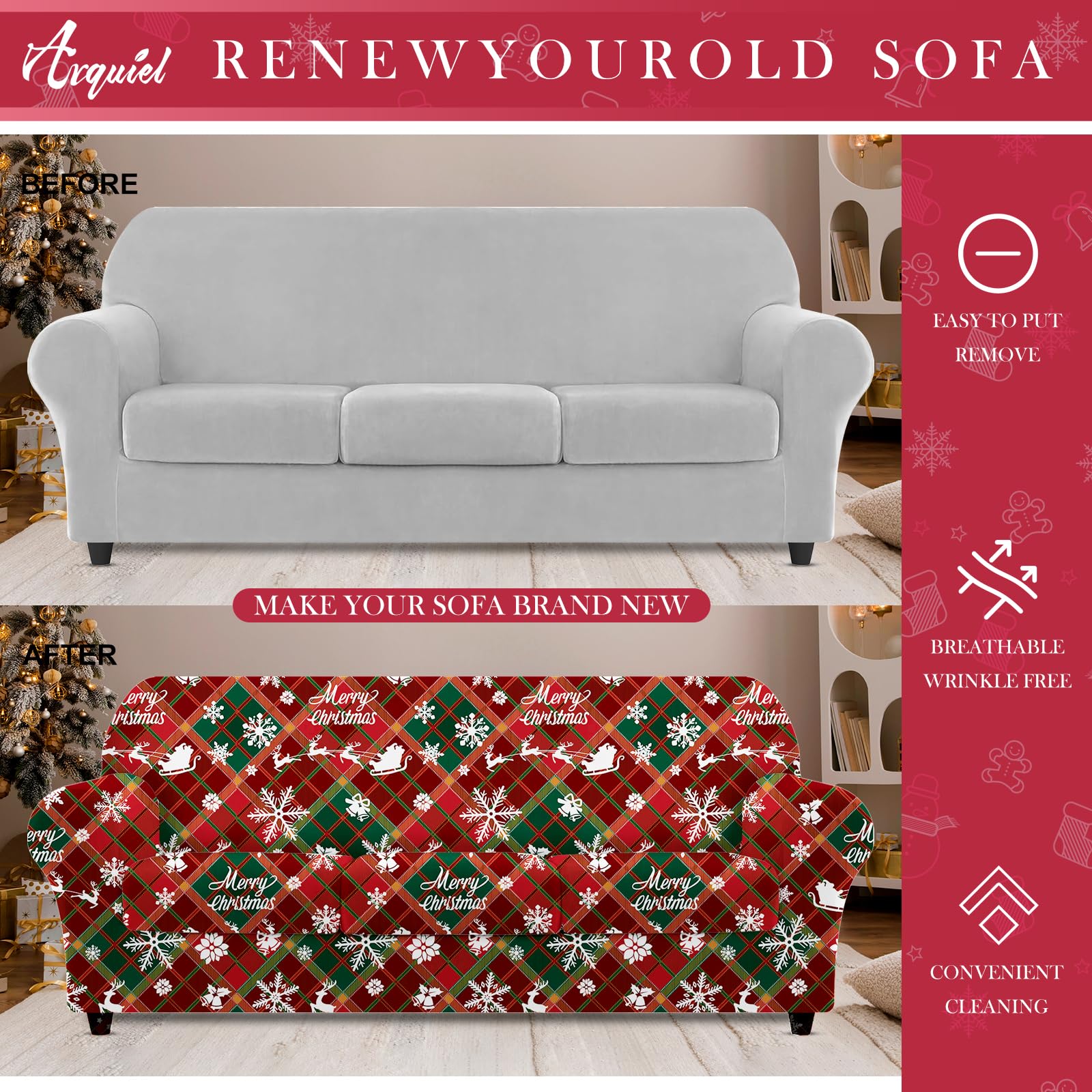 Lot de 4 Housses de canapé de Noël 3 Places avec Housse élastique Extensible - Imprimée - avec accoudoirs - Douce et antidérapante (Flocons de Neige à Carreaux)