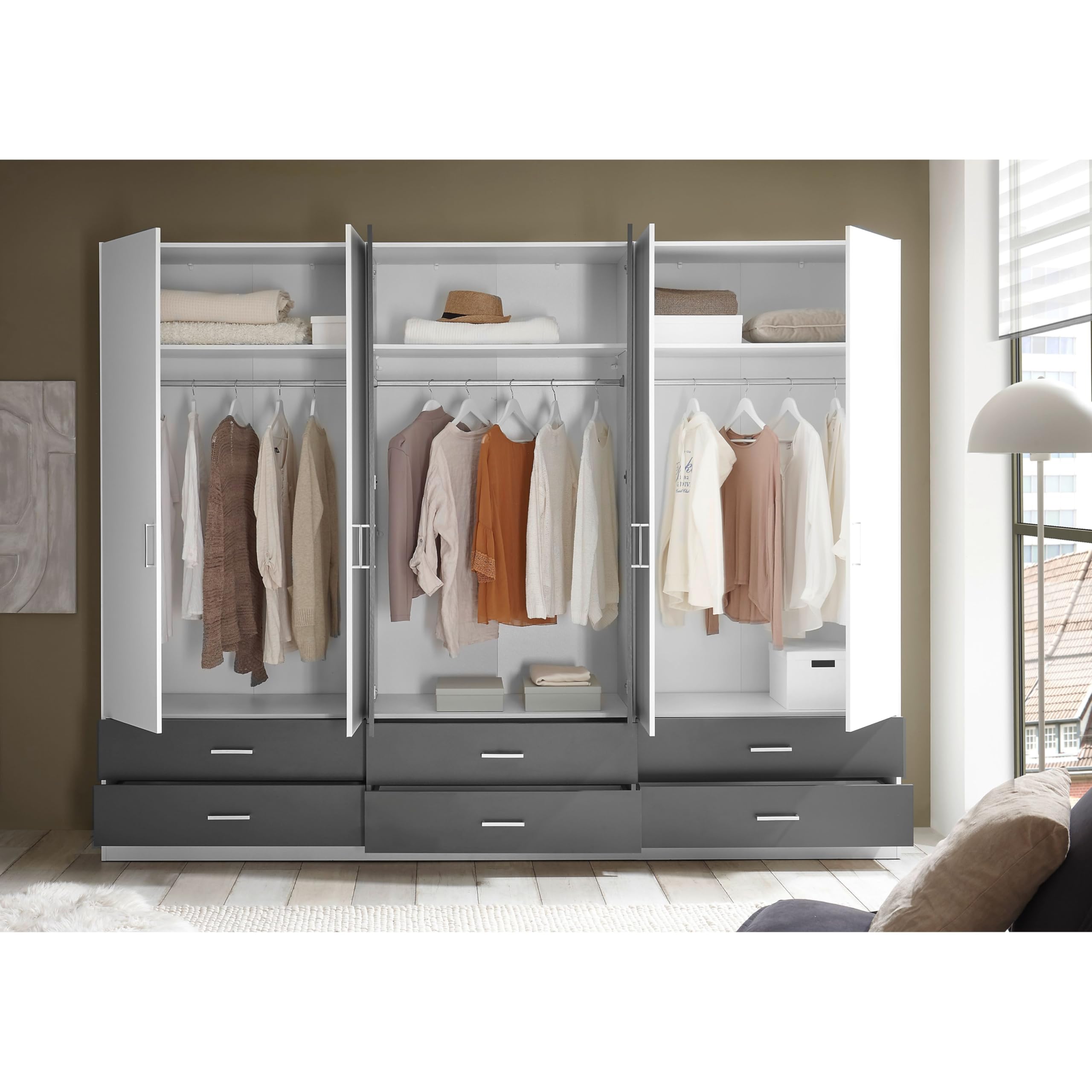 JANNE Kleiderschrank Drehtürenschrank Spiegel Weiß Graphit 272 x 211 x 55cm