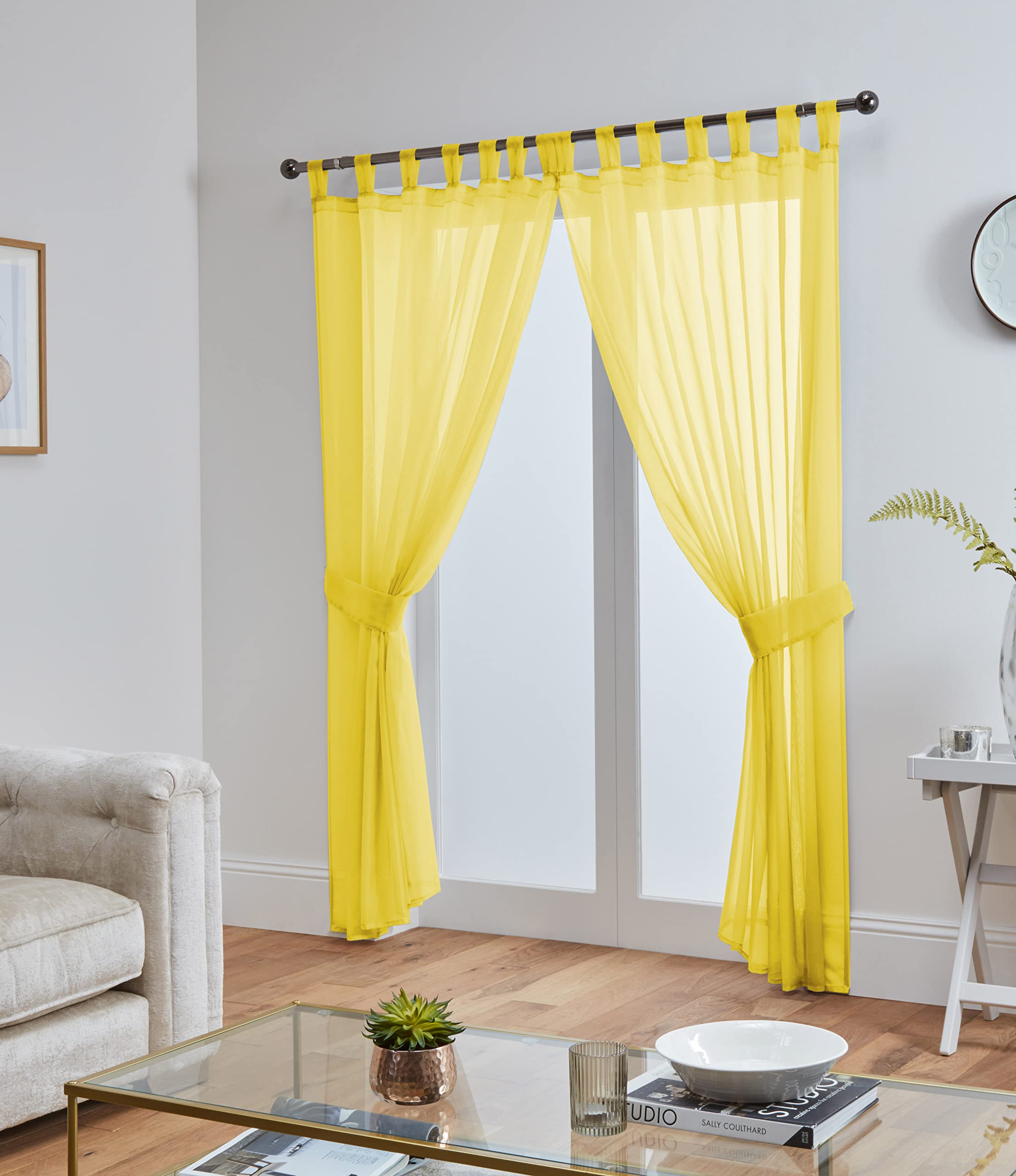 John Aird Yellow Pair Of Woven Voile Tab Top Curtain Panels. Tiebacks Included (, 58" Wide X 81" Drop)