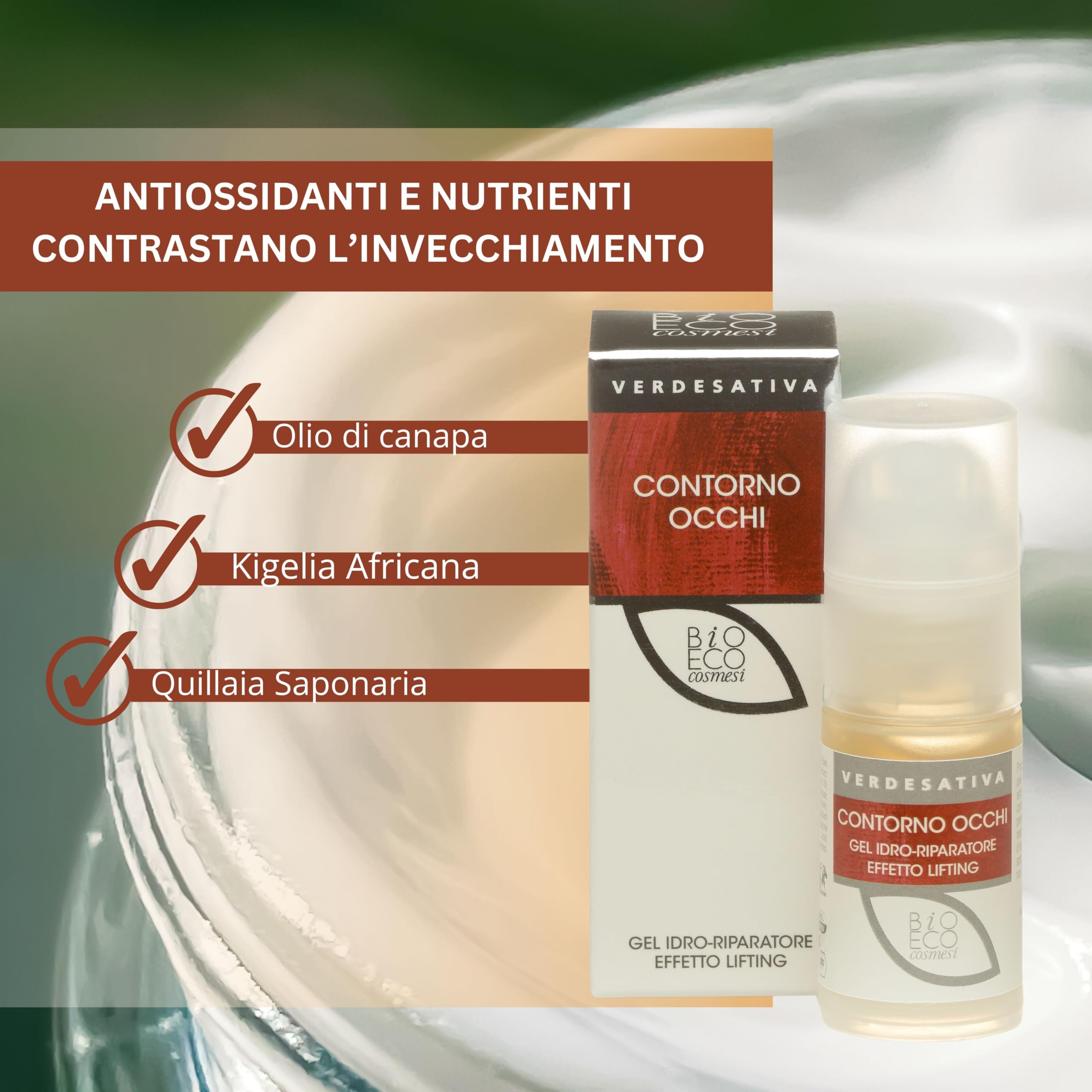 Gel Contorno Occhi Lifting - 15ml - Con Kigelia, Quillaia e Estratti Vegetali ad Azione Tensore - Riduce Borse e Rughe d’Espressione - Texture Leggera e Idratante - Made in Italy
