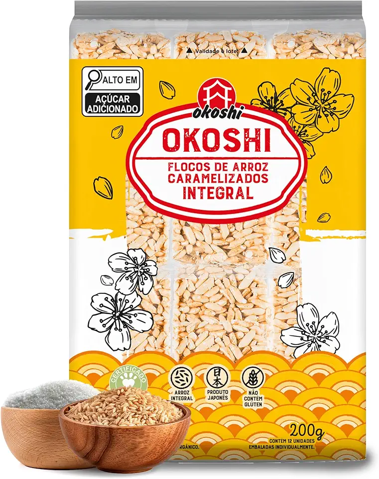 OKOSHI - Okoshi Integral 12 Barrinhas - Doce Japonês, Snacks Saudáveis de Lanches Fit para a Dieta - Vegano, Arroz Integral, Açúcar Orgânico, Sem Glúten, Sem Lactose, Sem Gordura Trans, Kosher - 200g