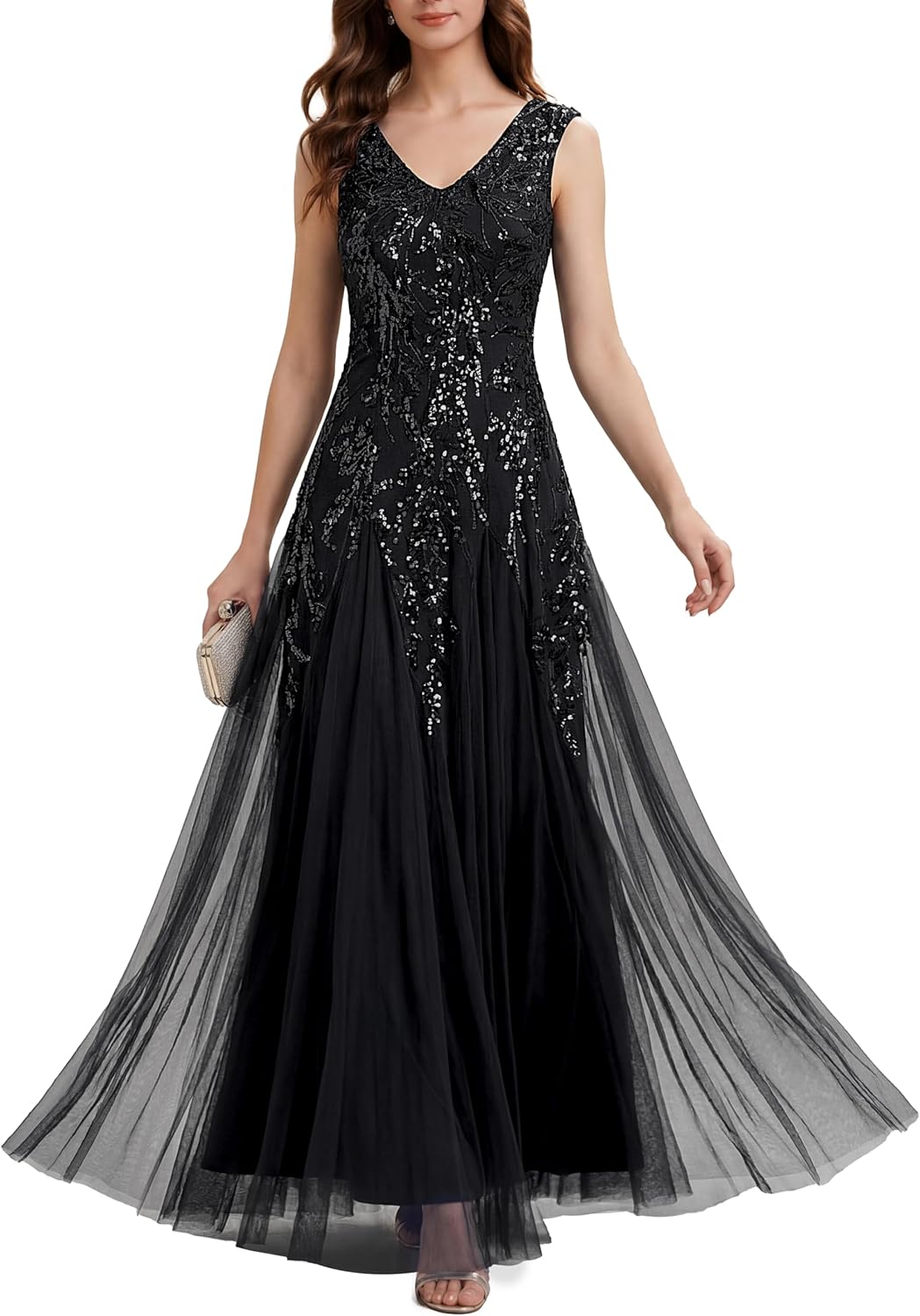 Ever-Pretty Women's Sequin V-Neck Formal Evening Dresses Cap Sleeves Ball Gowns Prom Dress 02559