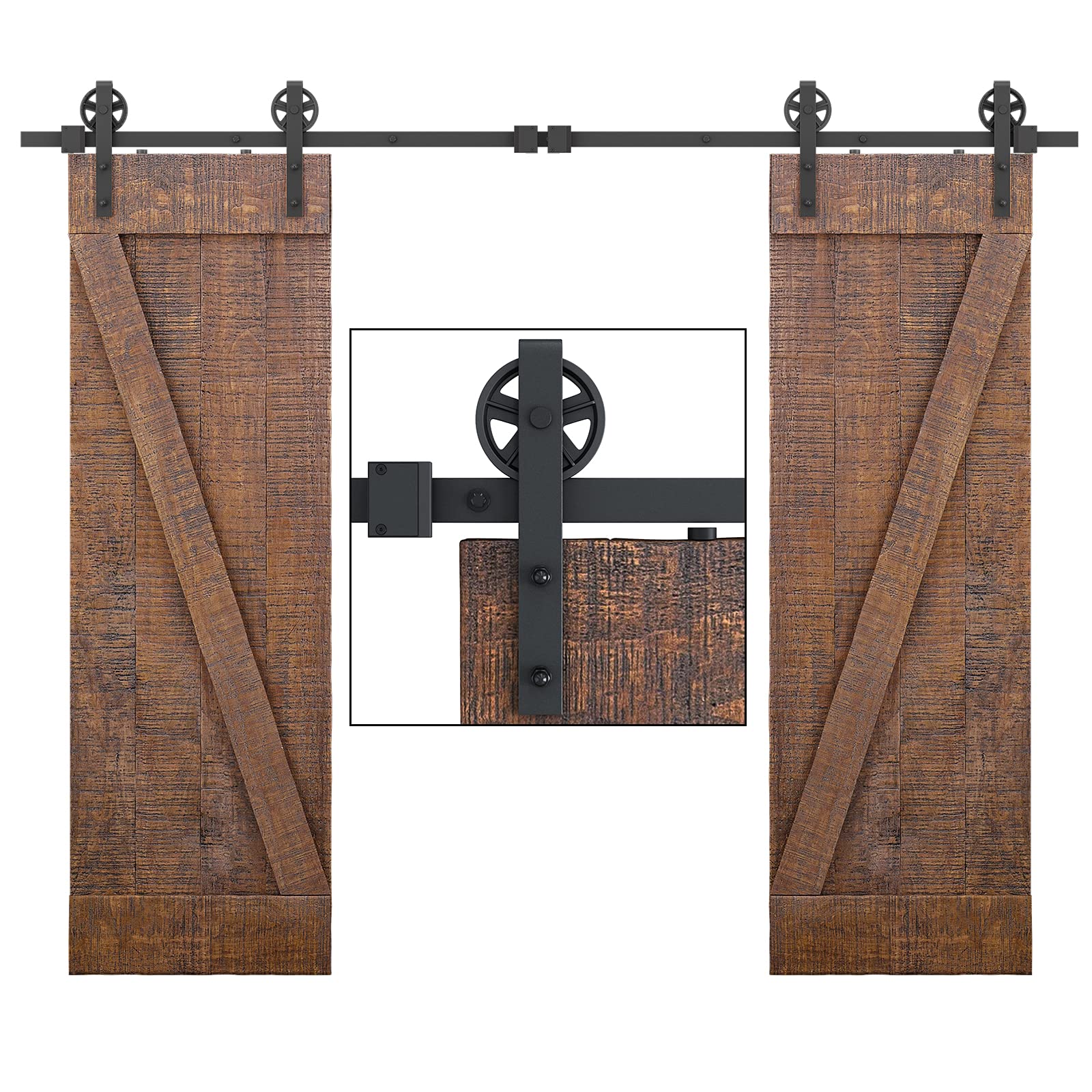 SMARTSTANDARD 9ft Sliding Double Barn Door Hardware Kit, Black, Smoothly and Quietly, Heavy Duty Industrial Design, Easy to Install, Fit 27" Wide Door Panel(Bigwheel Hanger)