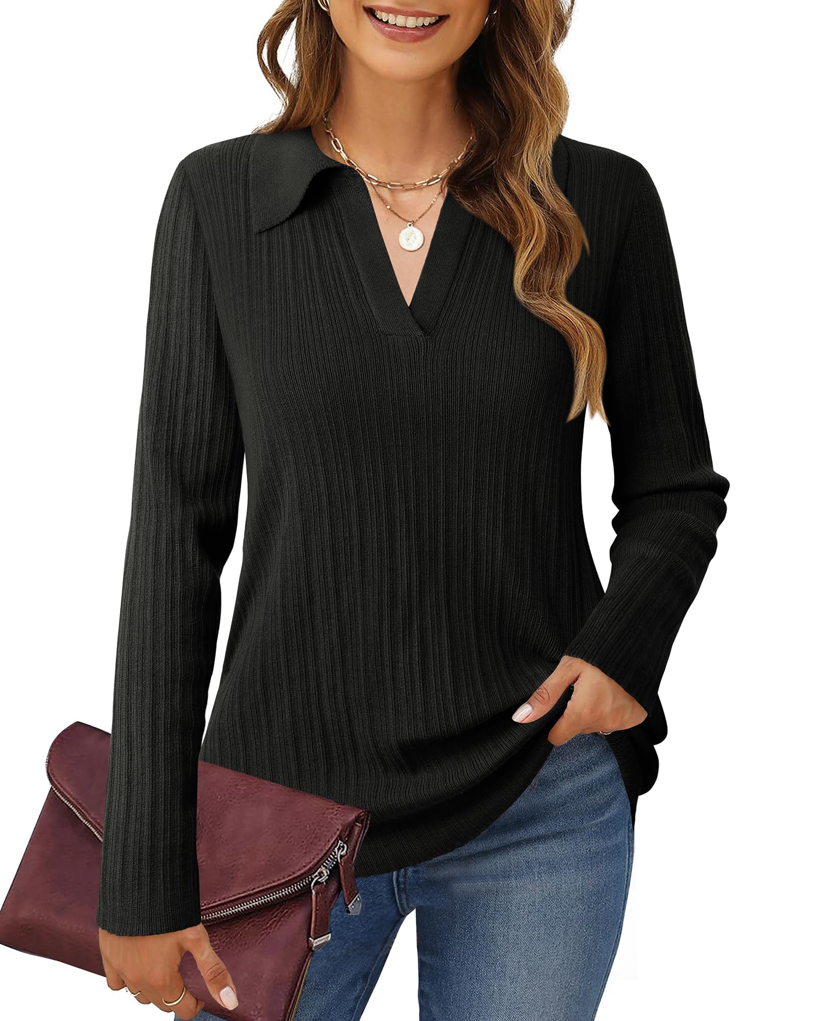 TimesonWomens Dress Shirts and Blouses for Work,Business Professional Attire Tunic Sweaters to Wear with Leggings Polo V Neck Winter Fall Office Clothes Lapel Ladies Formal Knit Blouse Black S