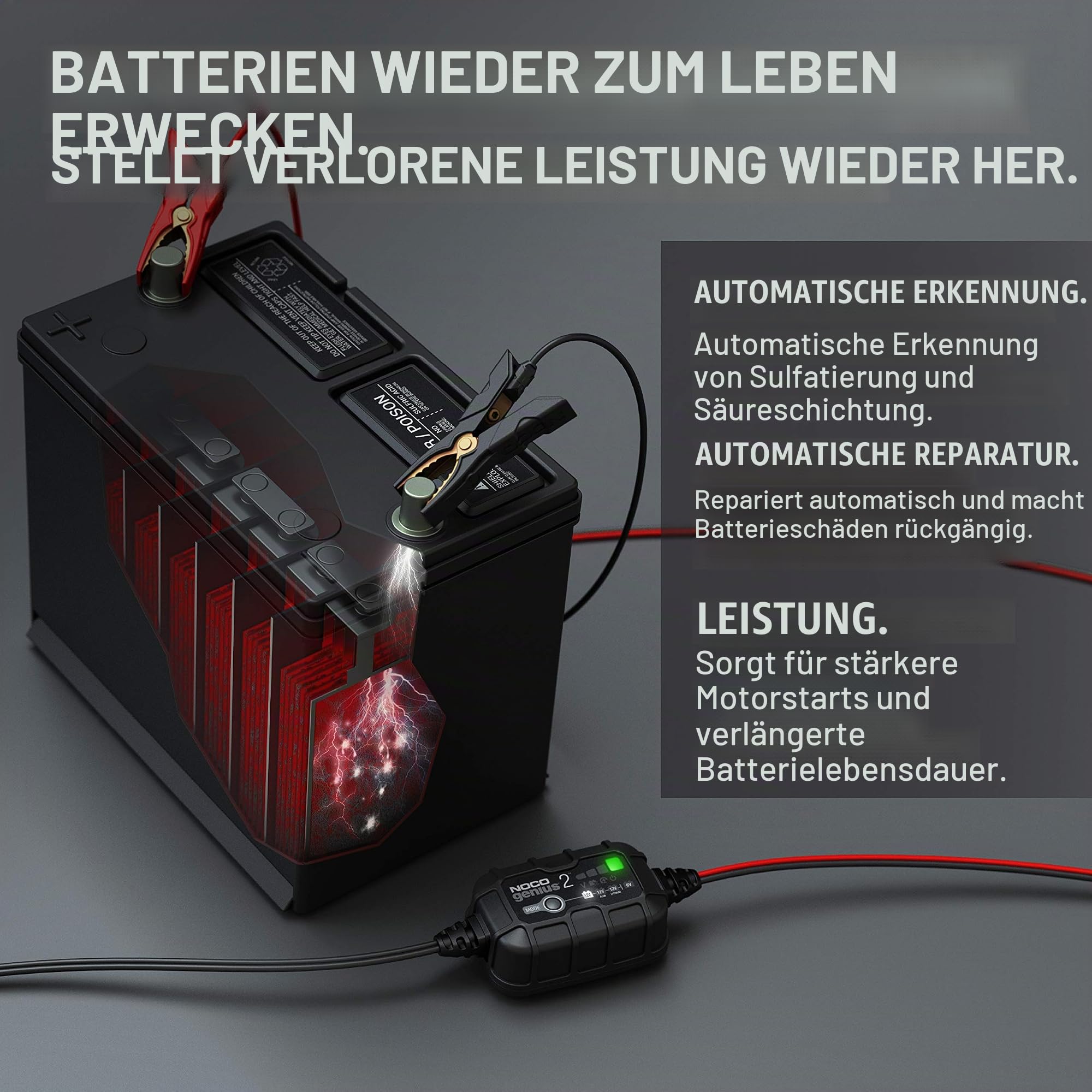 NOCO GENIUS2: 2A 6V/12V Smart Batterieladegerät - Automatischer Pfleger, Erhaltungsladegerät & Desulfator mit Überladeschutz & Temperaturkompensation - Für Blei-Säure- & Lithium-Batterien